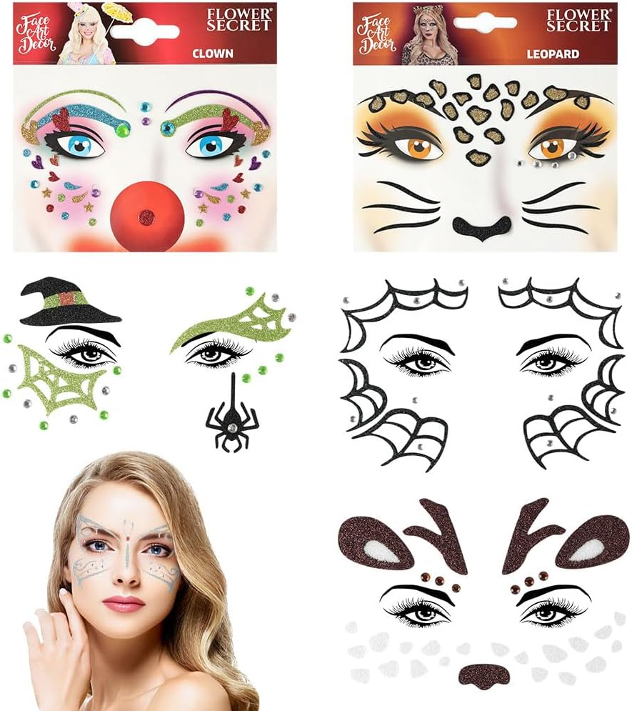 LOPHE Face Tattoo, 2 Sheets Glitter Face Tattoo Leopard 330 Pieces Glitter Stones Self-Adhesive, Glitter Face Tattoo Glitter Sticker Party Halloween Carnival