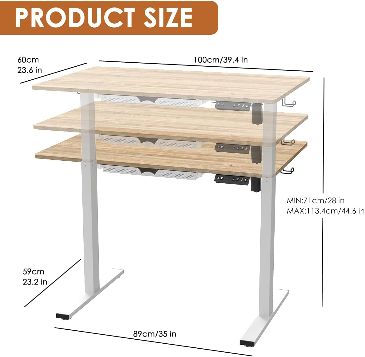 Anshine 100 X 60Cm Electric Standing Desk, Height Adjustable Stand Desk with Drawers,Sit Stand Computer Home Office Desk (Oak Top White Legs) image number 2