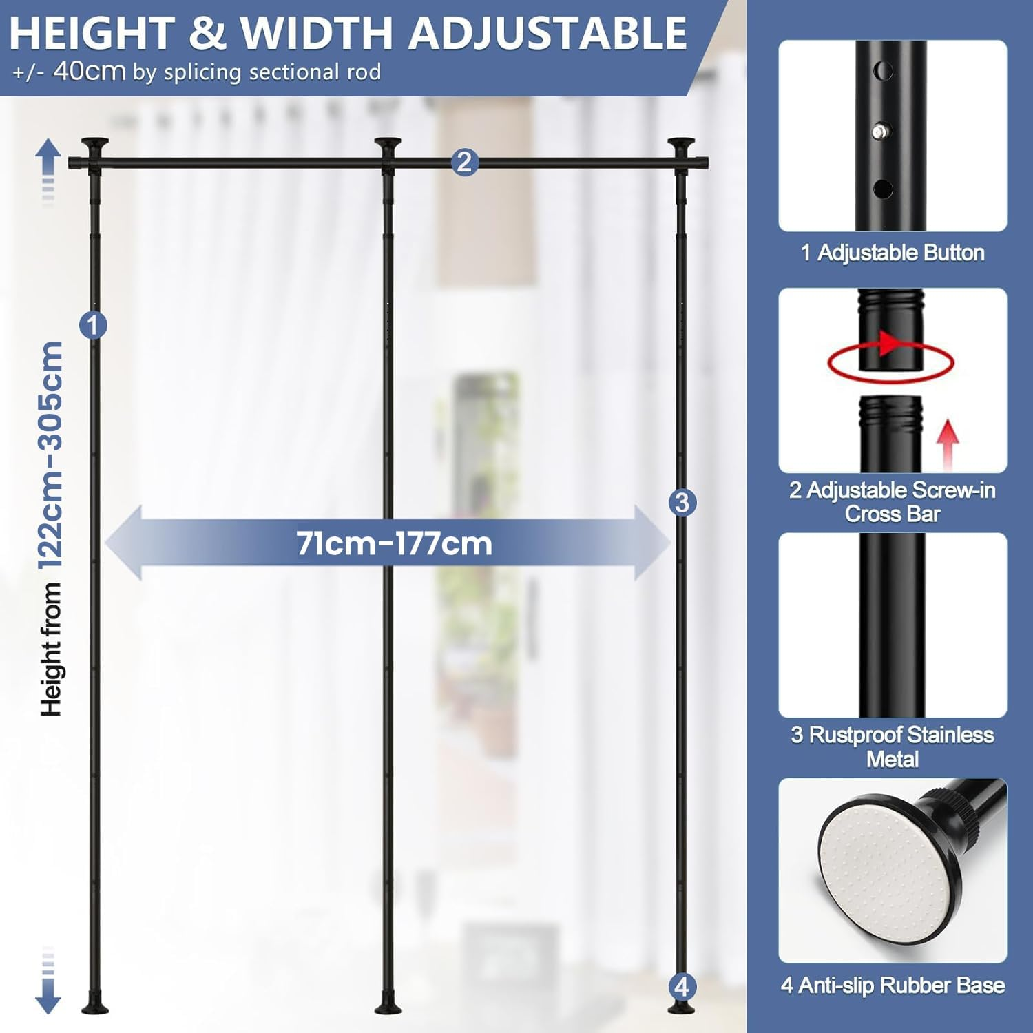 Koreal Room Divider, Curtain Rods No Drilling, 121-304Cm Height and 71-290Cm Width Adjustable Tension Rod, Tension Curtain Rod for Space Partition,Room Partition Privacy Separator, Black,No Curtains image number 1