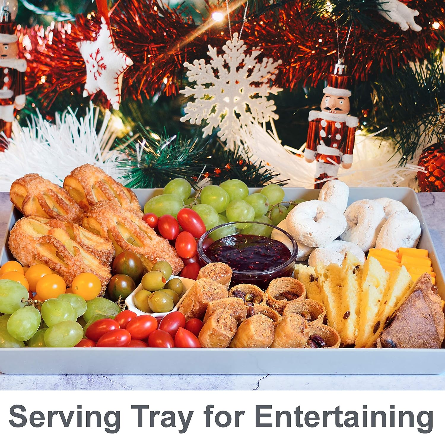 Youngever 3 Pack Plastic Serving Trays, Serving Platter for Parties, Sturdy ABS Material, 15 Inch X 10 Inch (Grey)