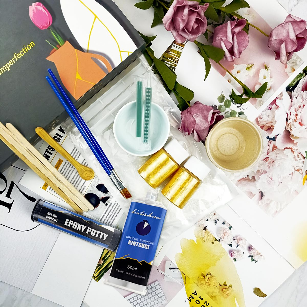 Kintsugi Repair Kit with Practice Cup, Japanese Gold Repair Kit, for Ceramics and Porcelain Restore, Beginner Fix Broken Pottery Set, Handmade Gifts