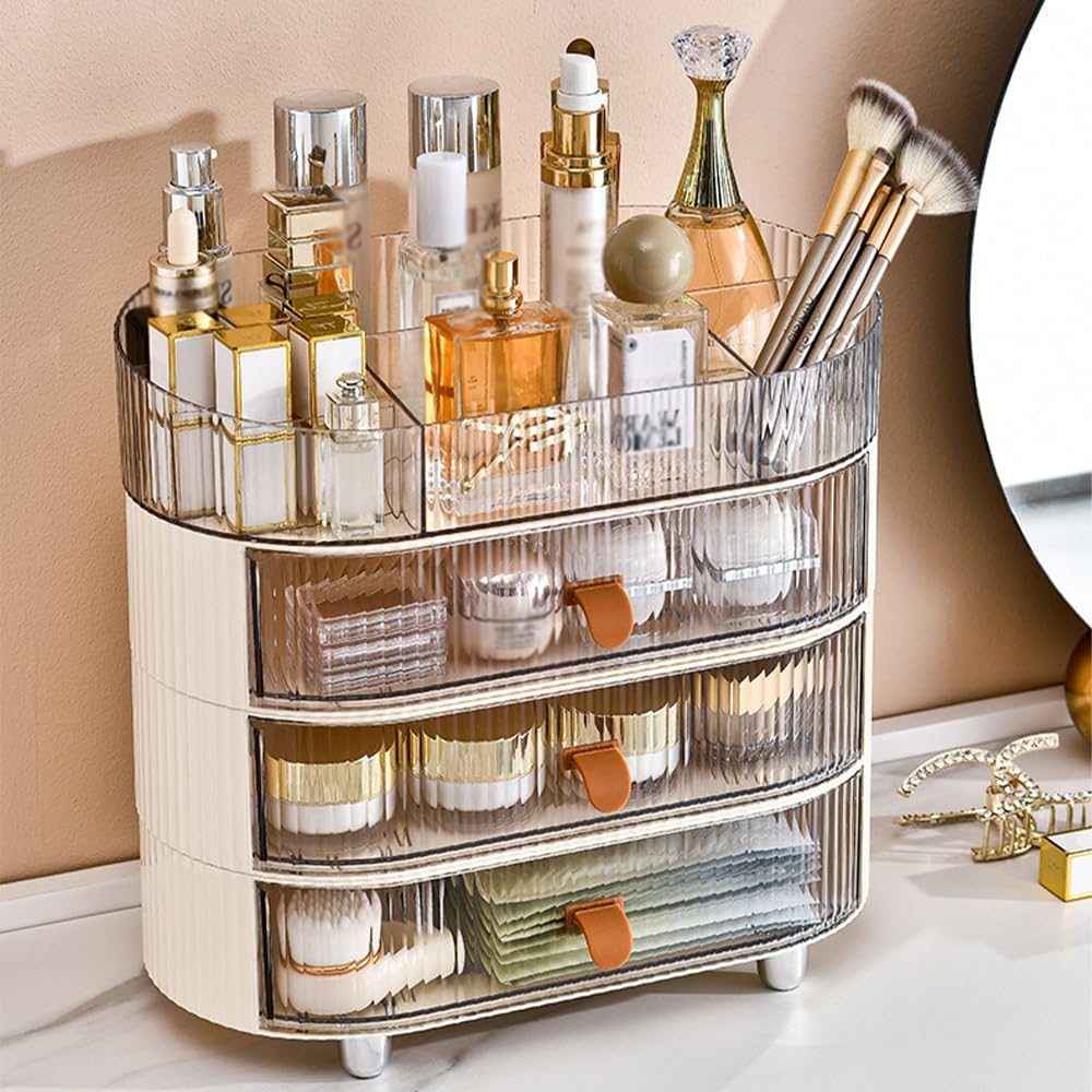 Makeup Organizer with 3 Drawers, Sleek and Compact, Large Capacity Skincare Organizer for Skincare, Face Creams, Perfumes, Lipsticks Dresser, Ideal for Bedroom and Bathroom Vanity Countertops