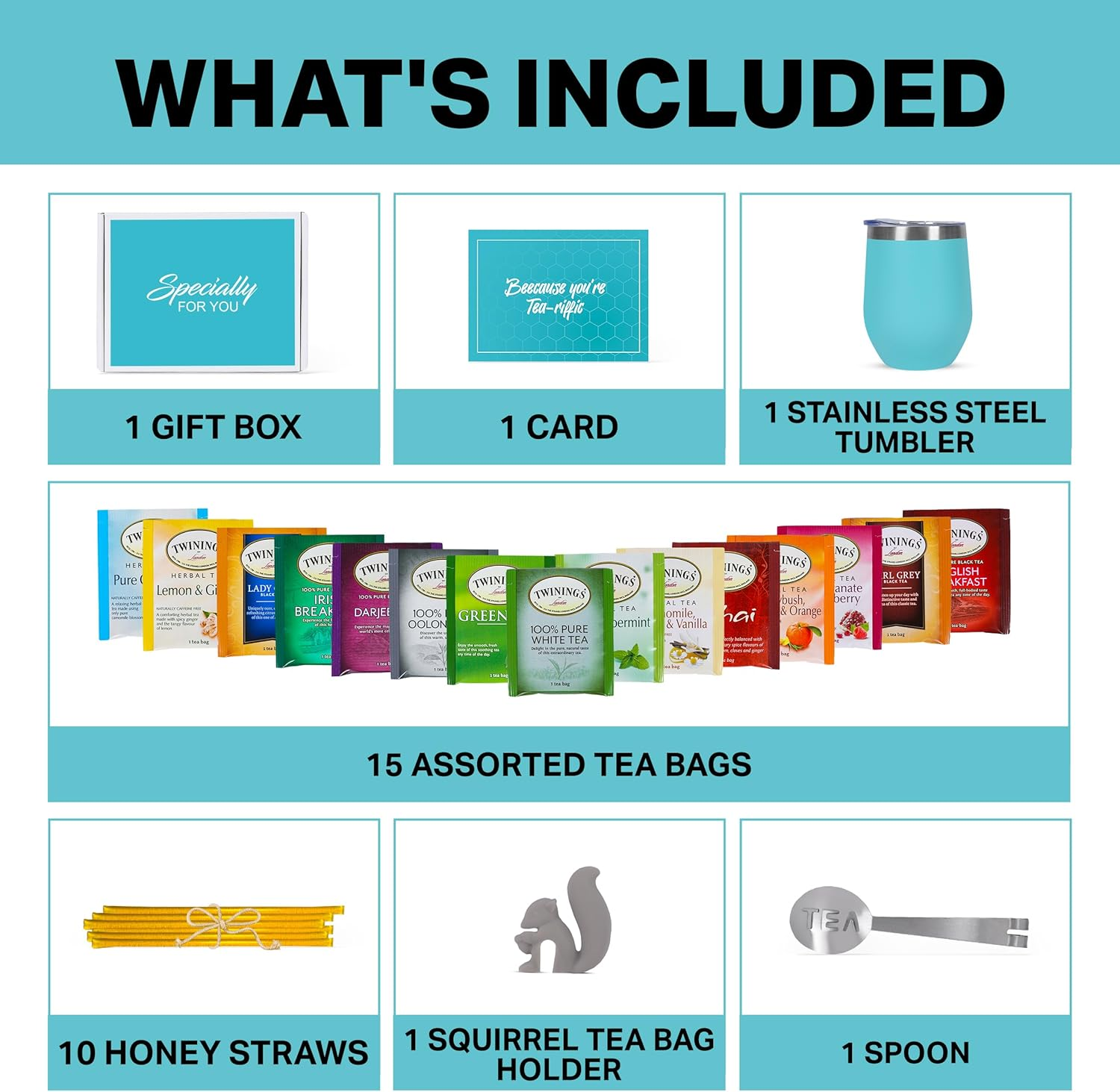 Tea Gifts for Women &ndash; Sampler Gift Basket with 15 Unique Blends, Honey Sticks, Stainless Tumbler & Gift-Ready Box (Teal) image number 3