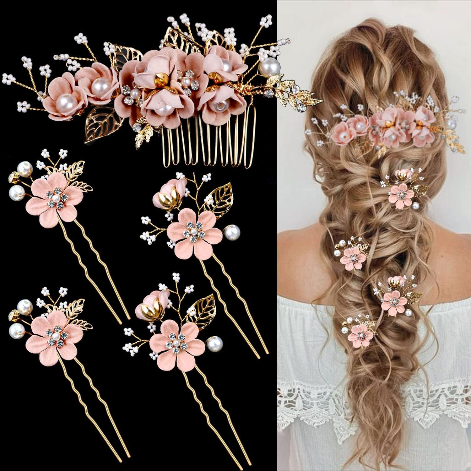 Floral Hair Accessories for Wedding, 5PCS Gold-Toned Crystal Pearl Hair Comb Slides Bridal Hair Pins with 3 Shapes SZTTY image number 5