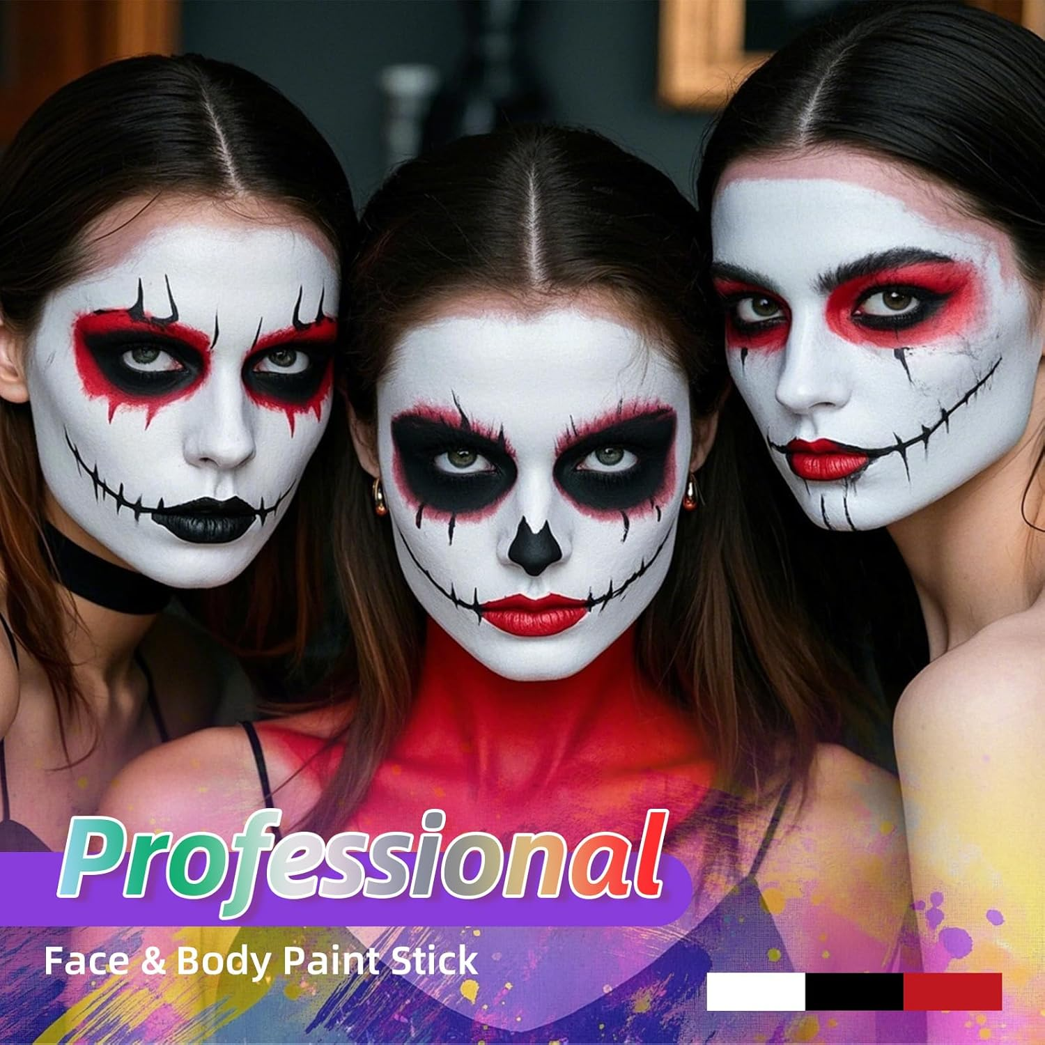 YBUETE 3Pcs Face Body Paint, Professional Paint for Halloween Cosplay Costume Party, Full-Coverage Multi-Color Cream Makeup Body Paint for Adult Halloween Cosplay SFX Makeup Paint (White+Black+Red) image number 2