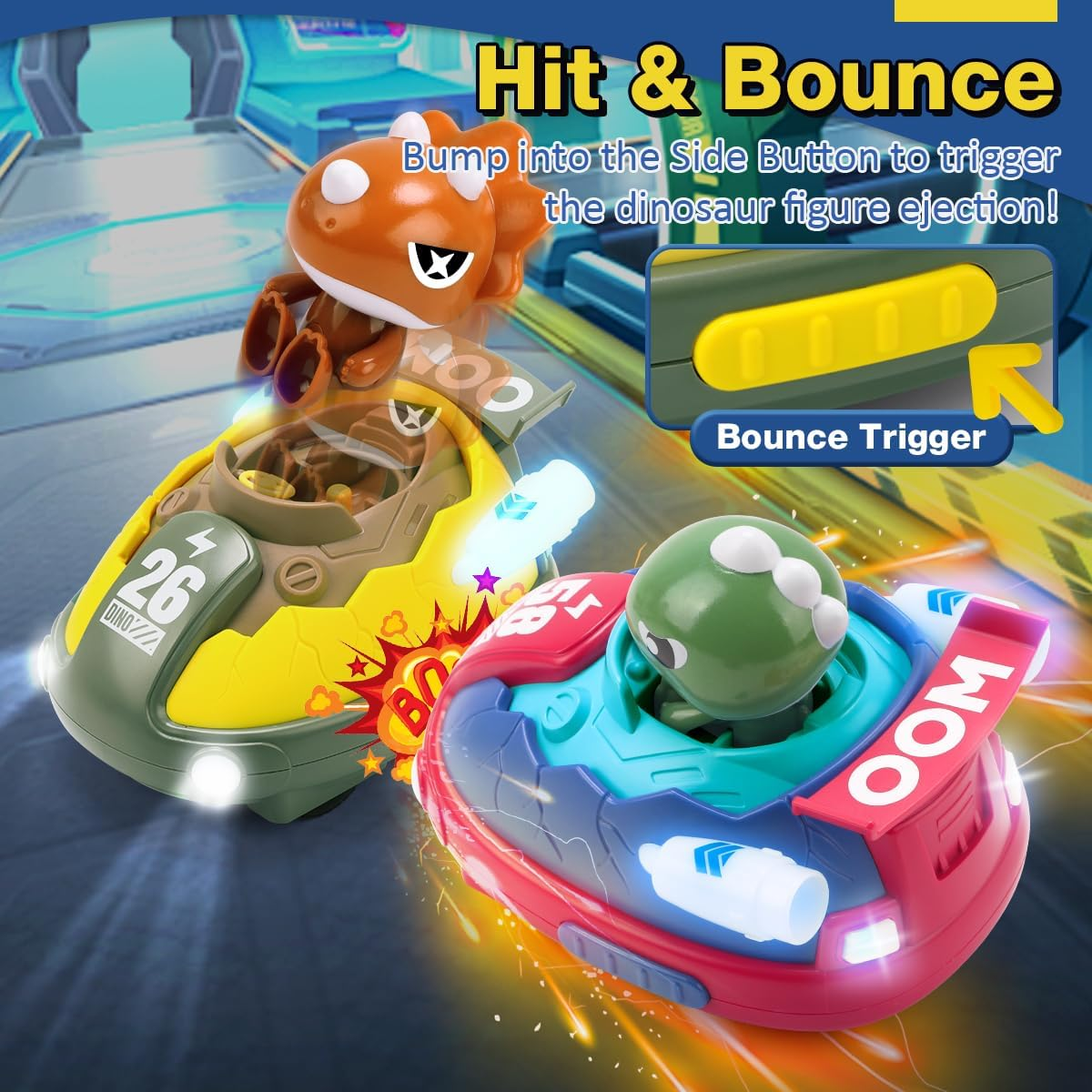 REMOKING 2 Pack Remote Control Car for 3 4 5 6 7 Year Old Boys, Dinosaur Toys with Lights & Sounds Effects, 360&deg; Rotation, 2.4Ghz RC Ejecting Bumper Car for Kids Age 3-8 Christmas Birthday Gifts image number 5