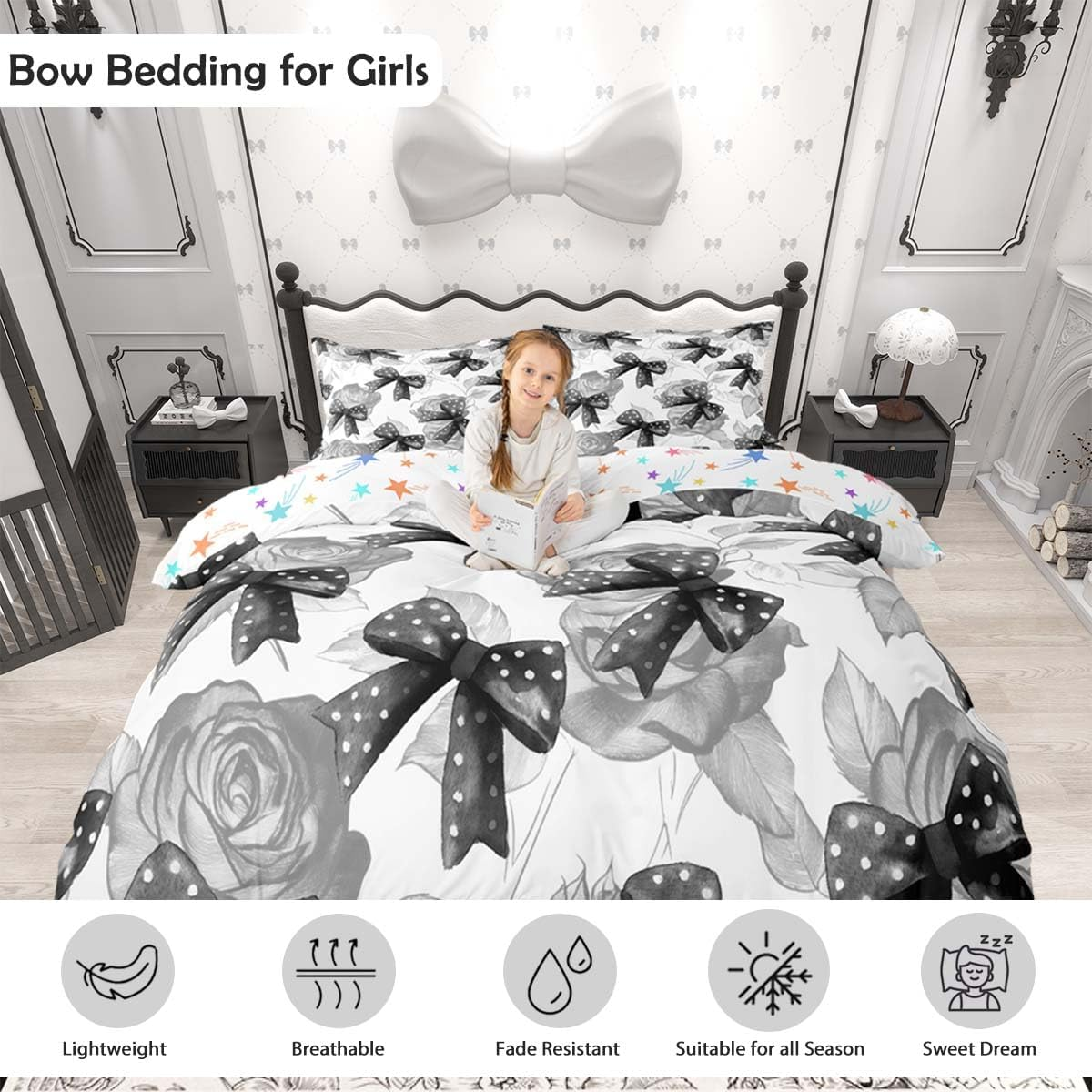 Homemissing Black White Bowknot Duvet Cover Set Double Size for Kids Girls Teens Bedroom Cute Coquette Bow Bedding Set Rose Bow Ribbon Comforter Cover with 2 Pillowcases image number 6