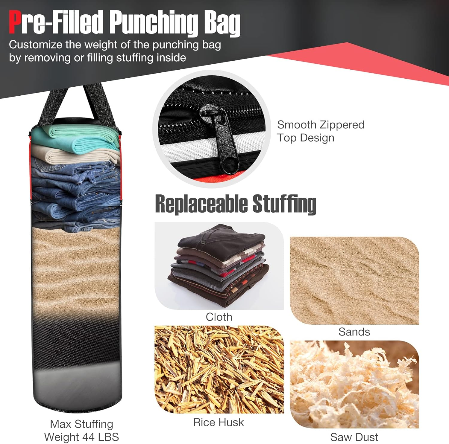 Costway Kids Hanging Punching Bag Set, 5 Kg Youth Boxing Bag W/Punch Gloves, Hand Wraps & Storage Bag, Replaceable Stuffing, Training in Karate, Kick Boxing, Taekwondo, Suitable for 3+ Boys & Girls image number 3