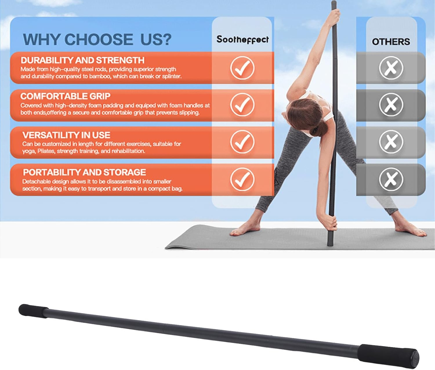 Yoga Stick Sturdy Steel, Adjustable Stretching Stick for Mobility Flexibility and Balance, Versatile Exercise Sticking with Foam Handles for Fitness, Rehabilitation, and Posture image number 4