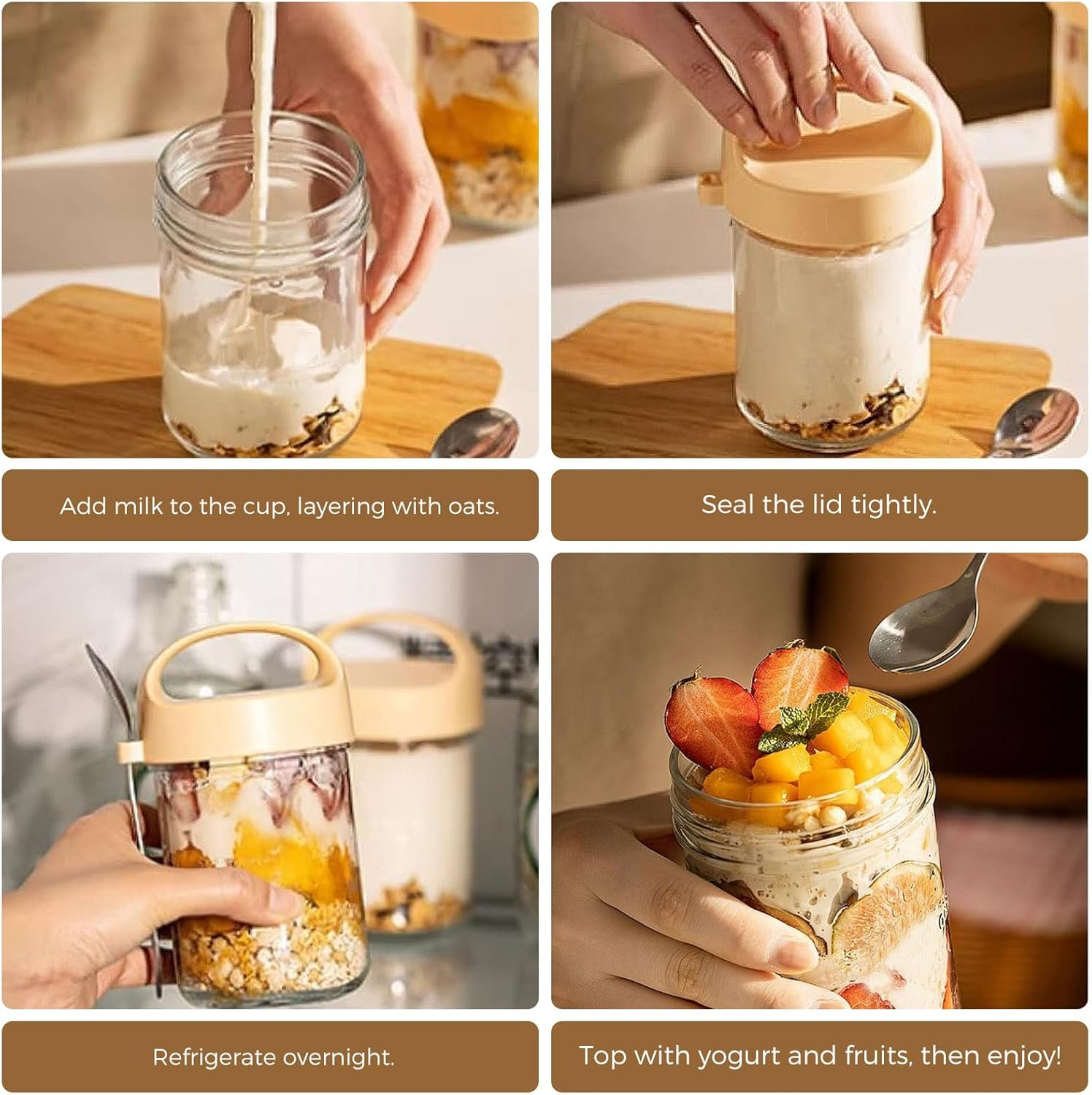 6 PCS 15Oz Overnight Oats Containers with Lids and Spoons, Wide Mouth Glass Mason Overnight Oats Jars, Large Capacity Airtight Jars for Milk, Cereal, Fruit image number 5