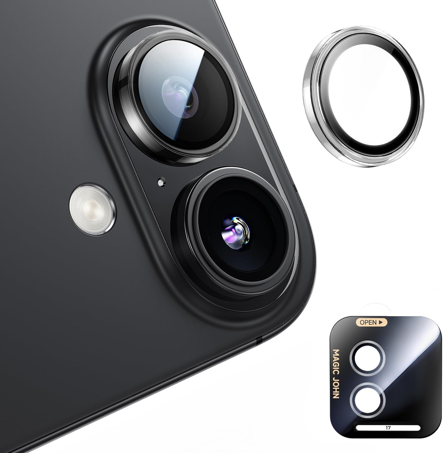 MAGIC JOHN for Iphone 17 Camera Lens Protector [Alignment Kit&1:1 Invisible Fit] 9H Aerospace Tempered Glass, Ultra HD, Metal Individual Ring, Case Friendly, 2 Pack, Clear