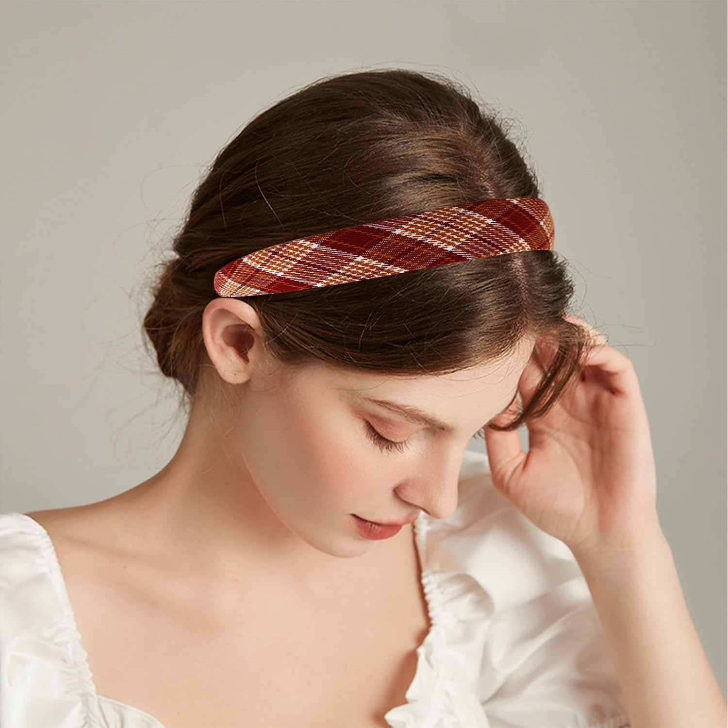 2 Pcs Headband Women Tartan Headbands Fabric Hairbands for Women Girls (Brown) - Red image number 5