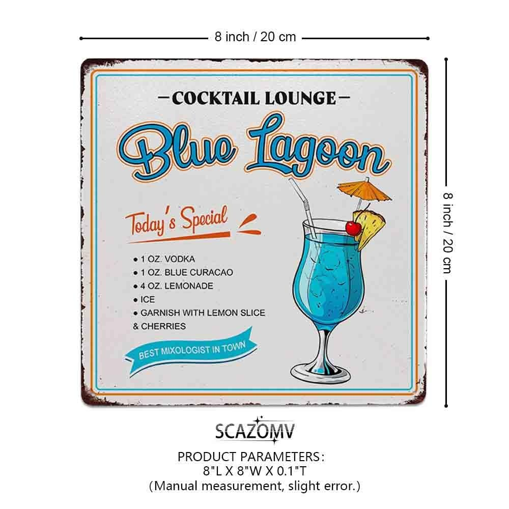 Cocktail Poster Vintage Metal Signs, Blue Lagoon Cocktail Recipes Tin Sign Decoration Bar Accessories Hanging Crafts Home Kitchen Pub Man Cave Wall Art Decor 8X8 Inch - Color060703 image number 3