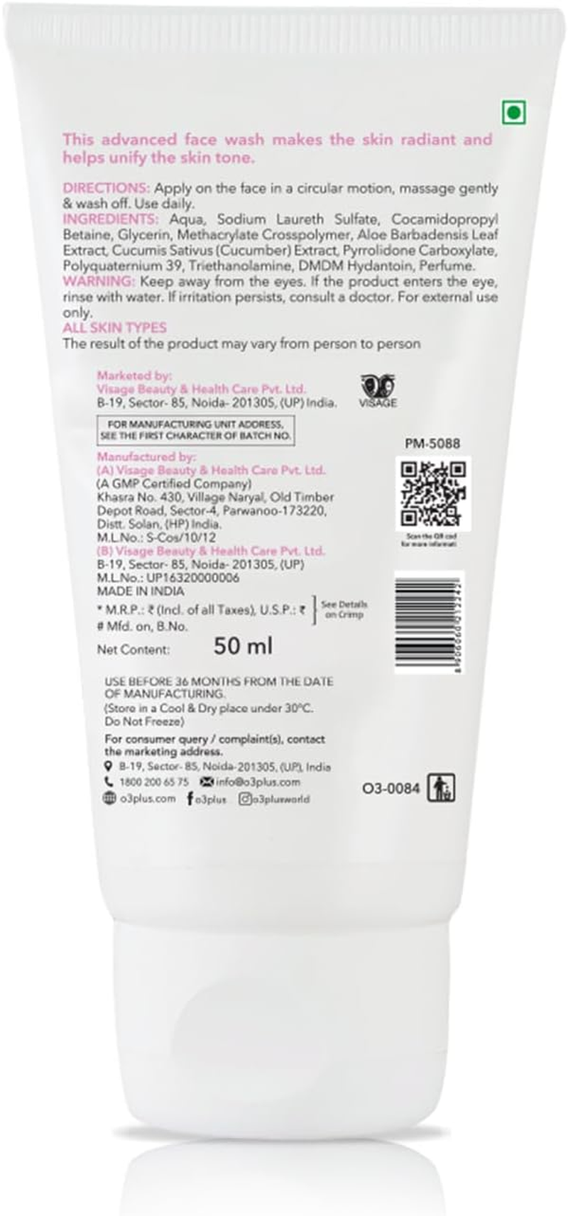 O3+ Brightening and Whitening Face Wash with Cucumber and Aloe Vera Extracts, 50G