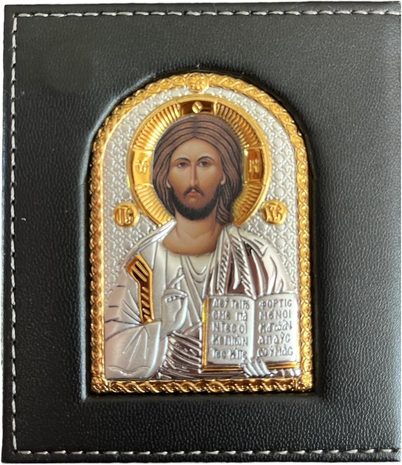(K-03-01) Jesus Christ - Saint Nicholas/Byzantine Silver Orthodox Pocket Icon/Greek/Handmade (Black, 3X3)