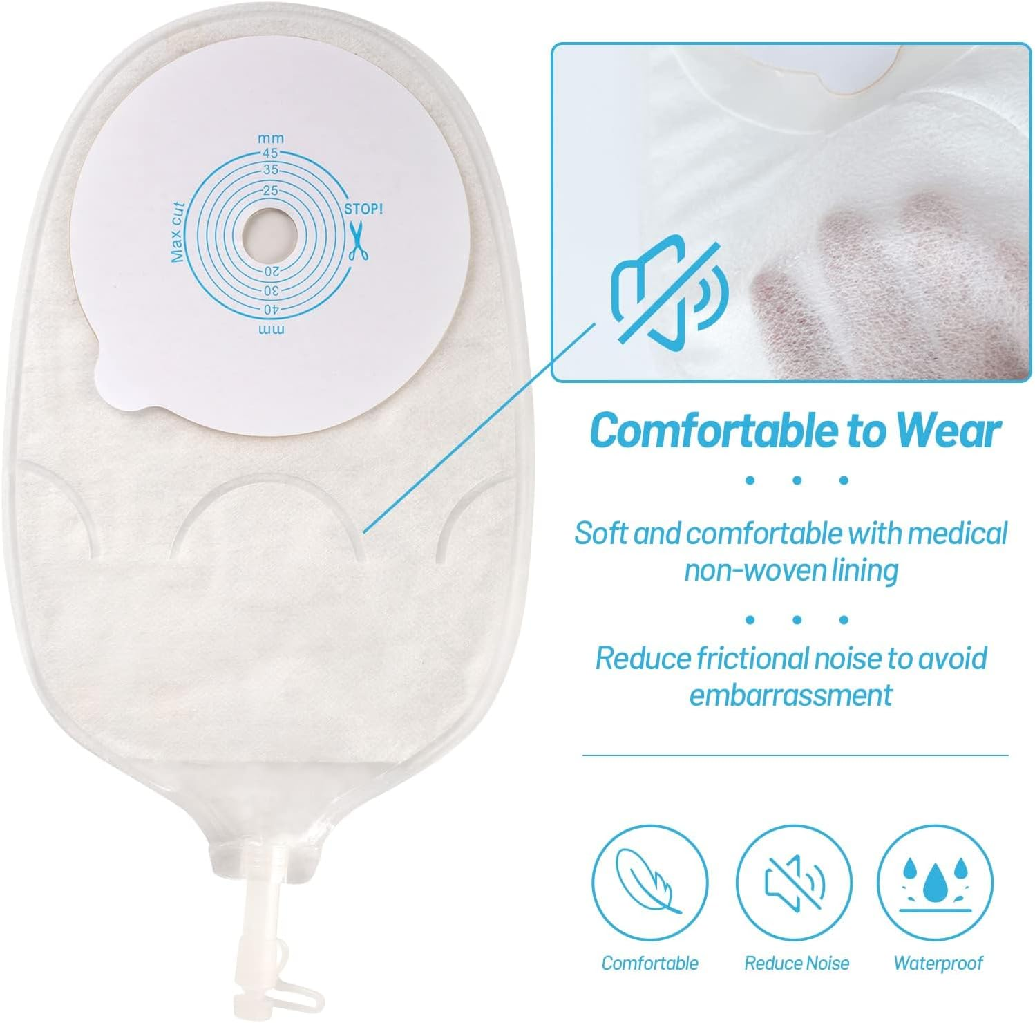 10PCS Urostomy Bags, One Piece Stoma Bag for Urine Anti-Backflow Urostomy Bag Suppliers, 15-45Mm Cut-To-Fit Drainable Pouch Ostomy Stoma Bags for Ileostomy Stoma Care image number 2