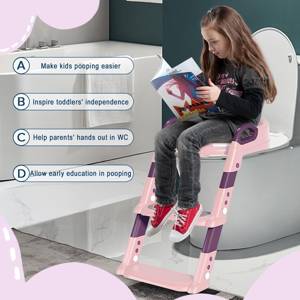 Yakiter Potty Training Seats, Kids Toilet Training Seat with Step Stool, Adjustable Height Ladder Guard Handle Soft Cushion White, Step Stool 2 in 1 Foldable Chair for Baby Toddler Boys Girls (Pink) image number 1