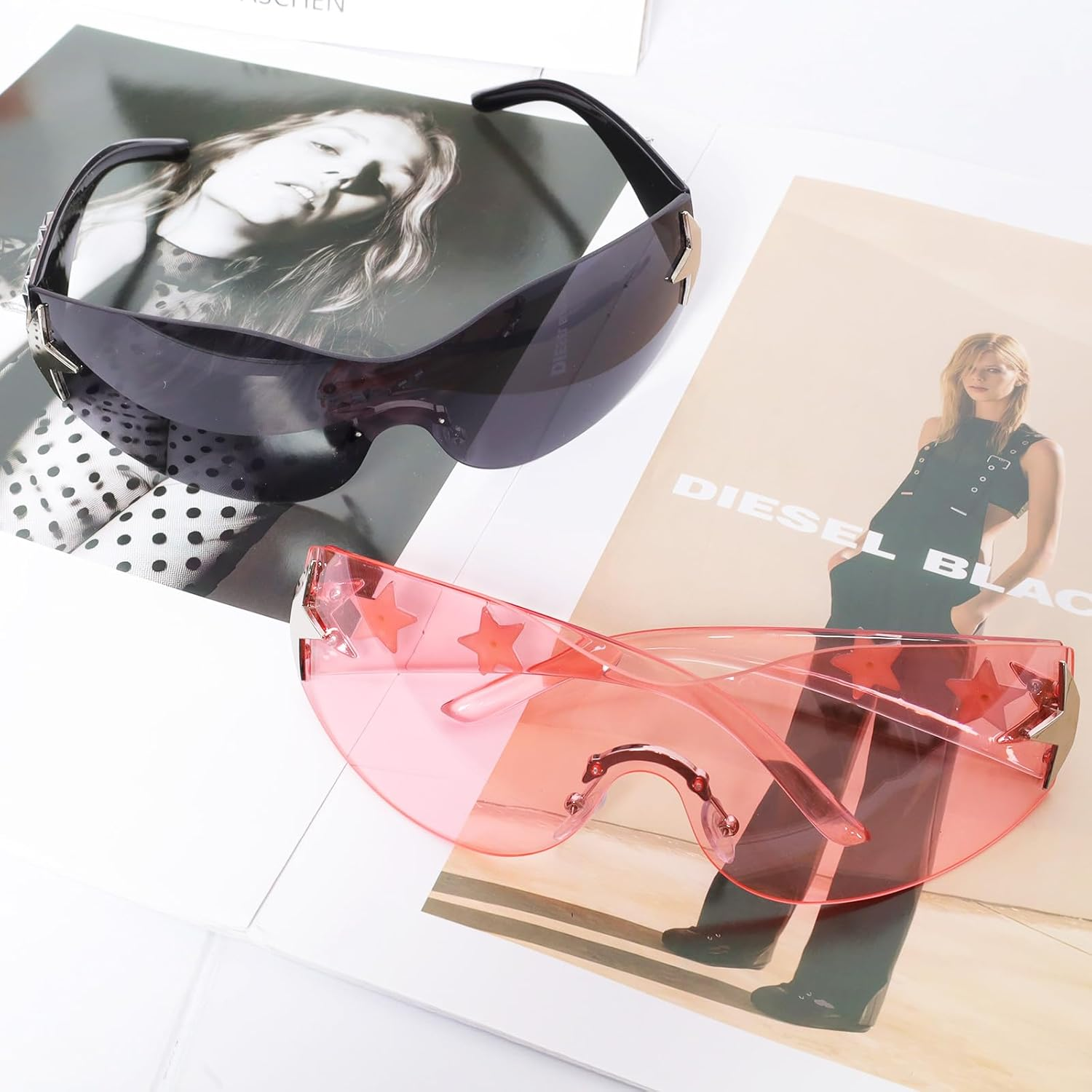 Nfvjfxz 2 Pairs Fashion Y2K Sunglasses Star Sunglasses Oversized Frameless Black and Pink Glasses for Women Men Driving Shopping Riding Street Photography image number 5
