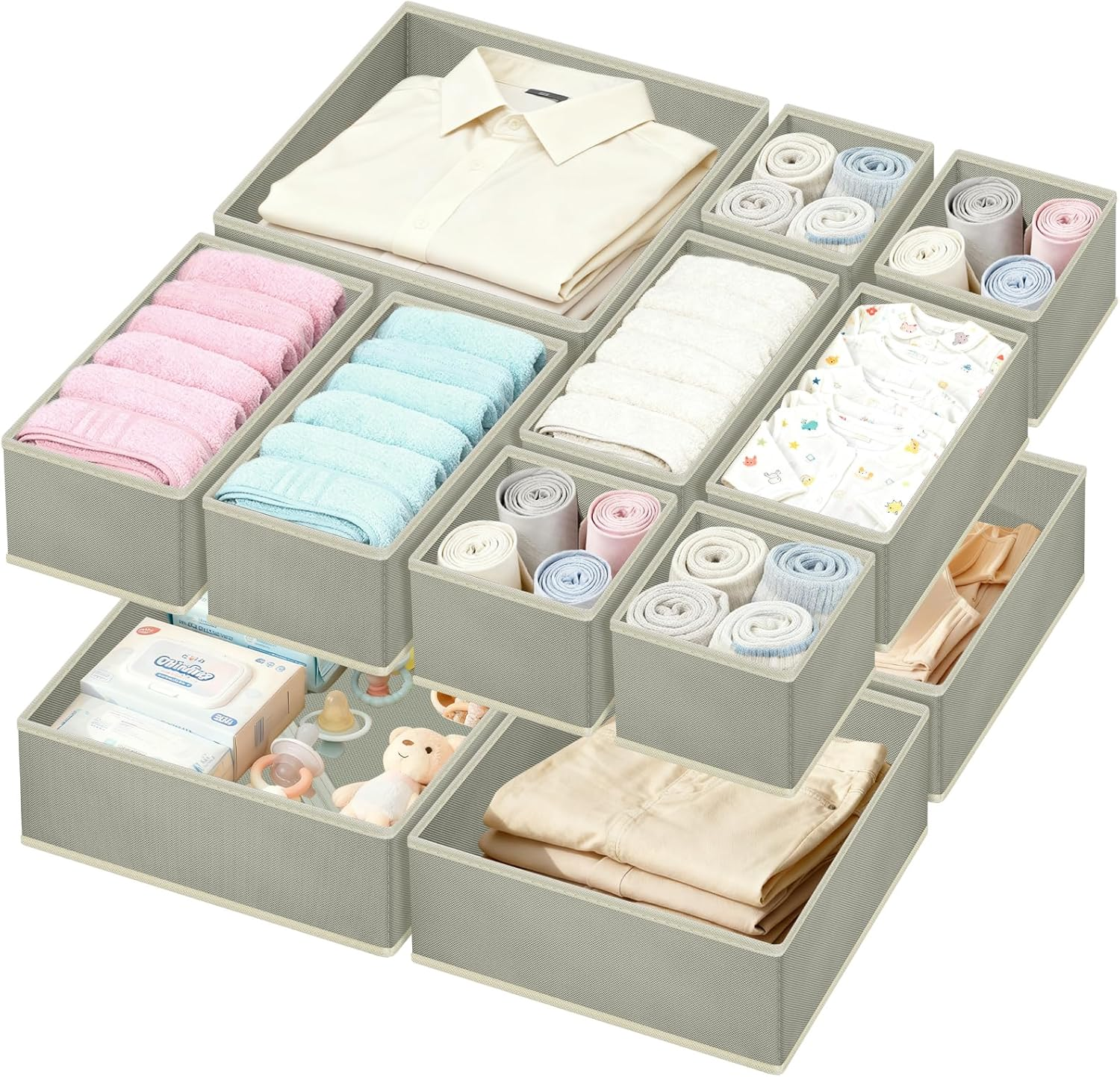 12 Pack Clothes Drawer Organiser, Foldable Drawer Organizers for Clothing, Stackable Storage Bins for Socks Bra Towels Ties (Grey)
