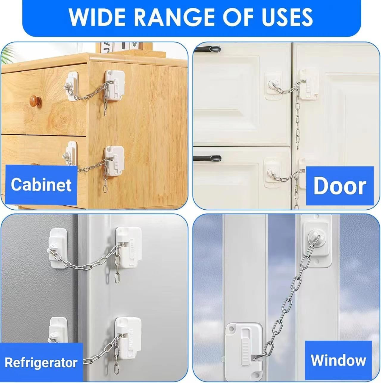 Window Locks Pets Child Safety, 2 Pack Adjustable Window Restrictors with Stainless Chain, Heavy Duty Combination Fridge Door Lock, Child/Baby Safety Proofing Lock for Cabinets, Closets, Drawers, Window and More, Easy Install and Use image number 6