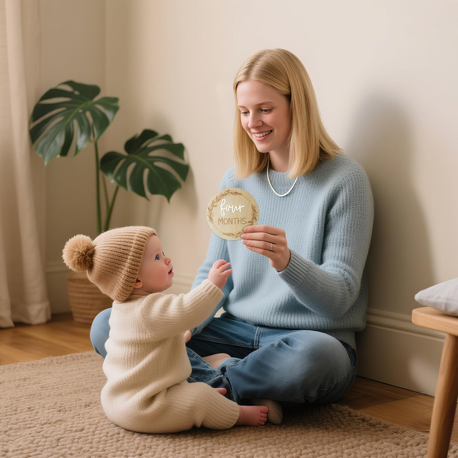 7 Pack Monthly Baby Milestone Discs &ndash; Double-Sided 3D Wooden &ldquo;Hello World&rdquo; Sign, 4" Signs for 1-12 Monthly Milestones & Announcement Props, Newborn Photography Keepsake Gift for Boys & Girls (White)