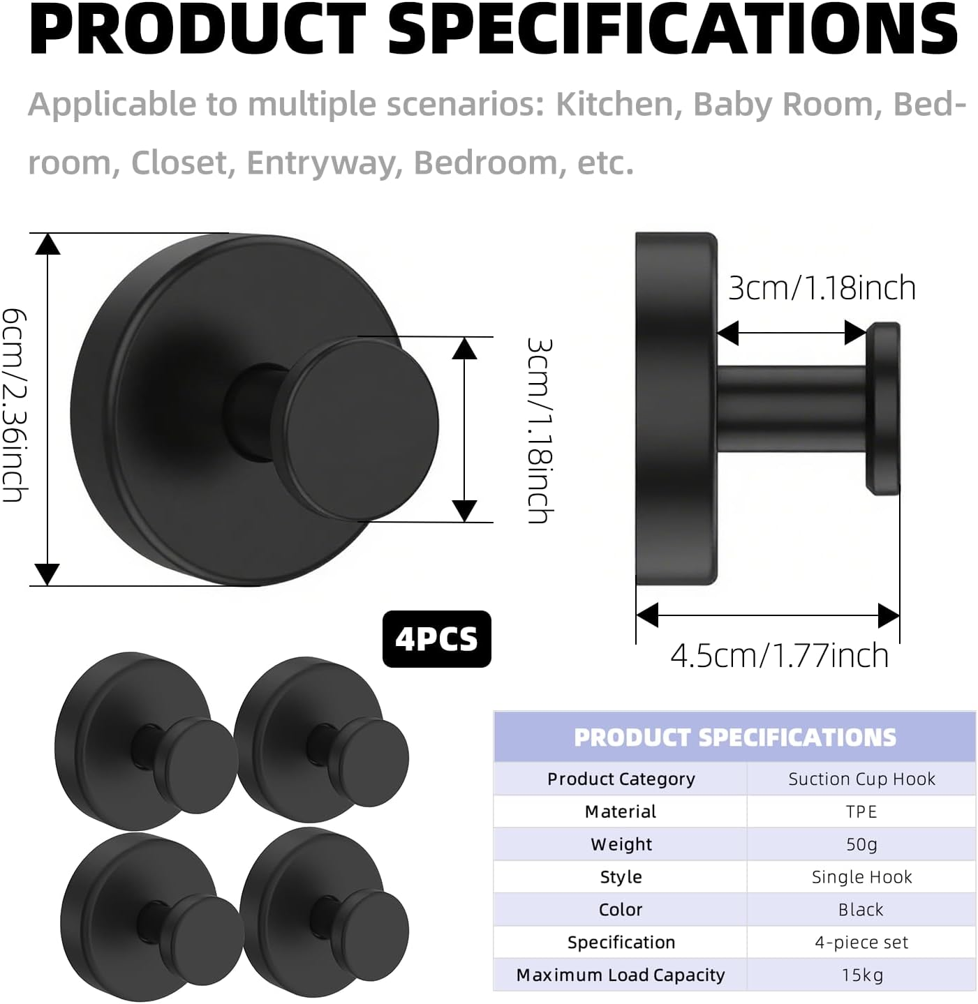 Suction Cup Hooks 4 Pcs Wall Hooks for Bathroom, Shower, Mirror, Towels, No-Drill, Waterproof and Rustproof (Black) 11