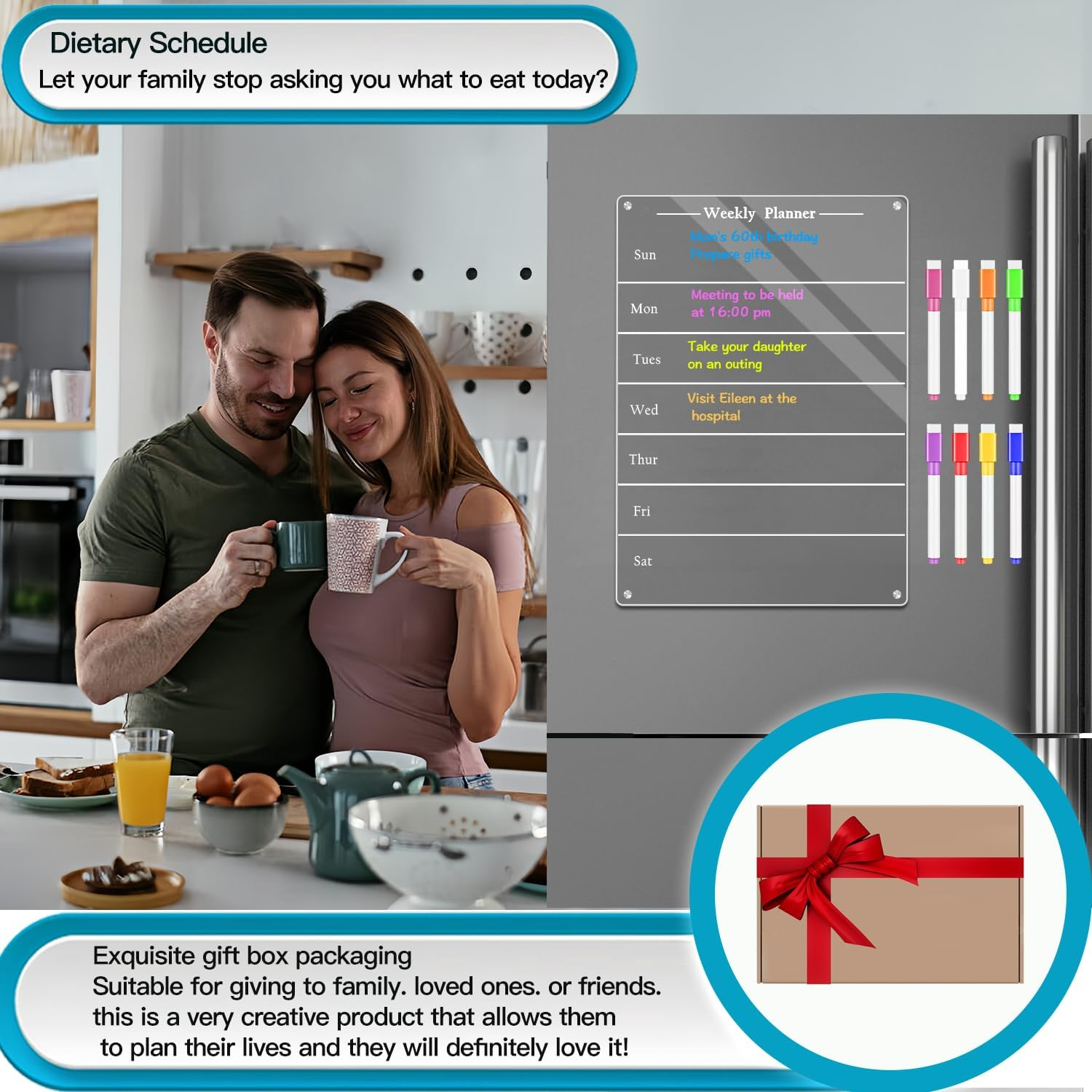 Todkoding 9"X13" Clear Weekly Meal Planner Magnetic Acrylic Board,Acrylic Magnetic Dry Erase Board for Fridge, Magnet Week Calendar for Refrigerator Includes 6 Colors Markers and Pen Container image number 4