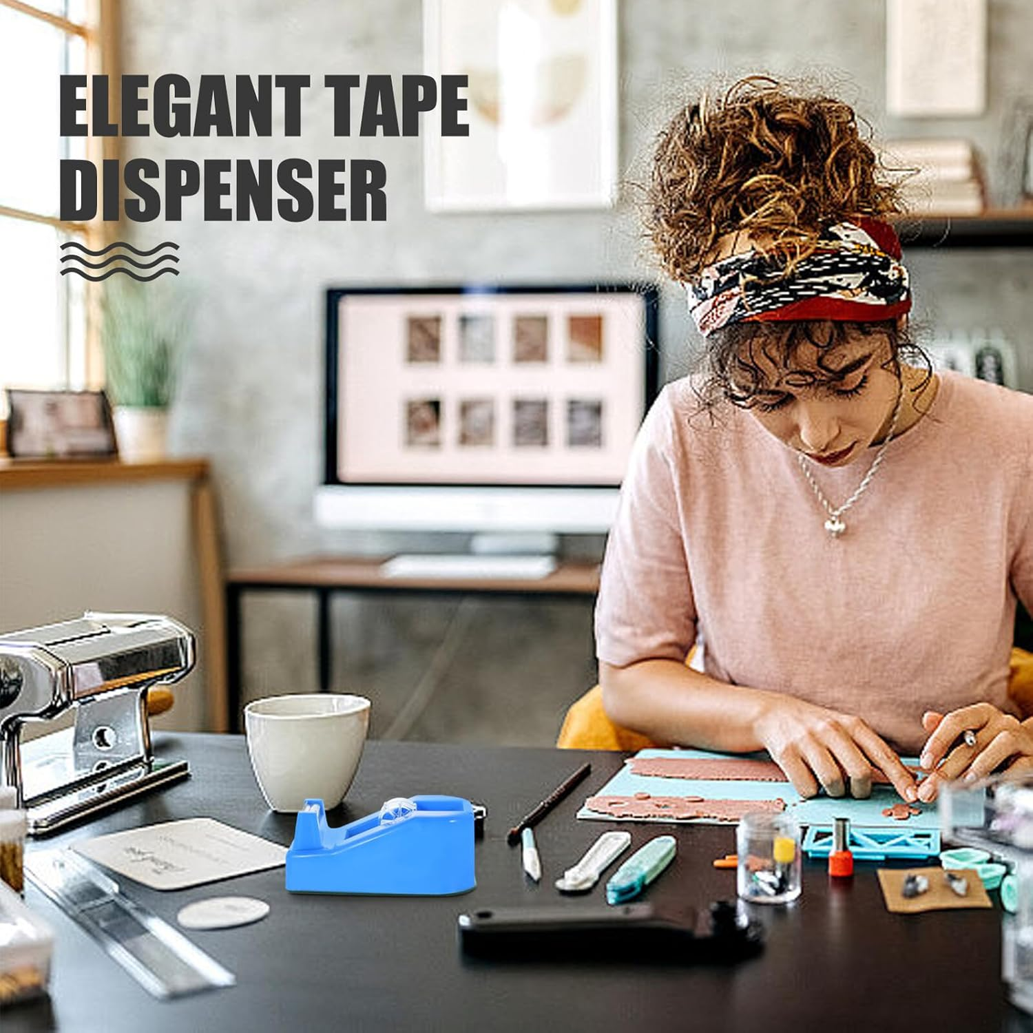 Veemoon Portable Small Tape Dispenser with Colored Transparent Design Hold and Cut Tape Holder for Office School and Home Use Practical Desk Accessory in Blue image number 6