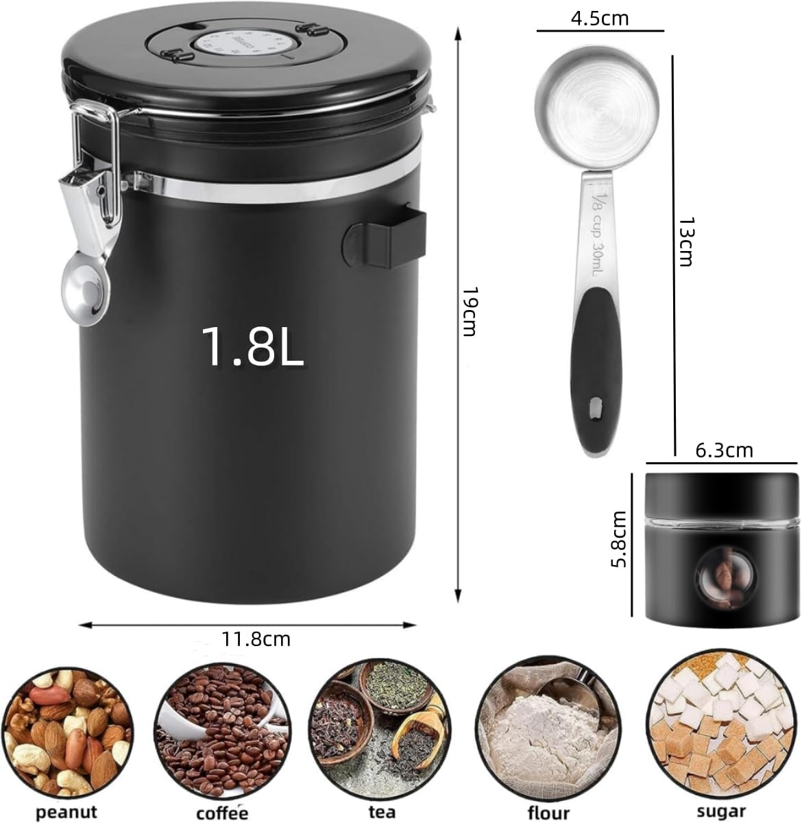 Airtight Stainless Steel Coffee Canister, Coffee Bean Storage Container with Mini Jar and Date Tracker, 6 Co2-Release Valve and Measuring Scoop for Grounds, Tea, Flour, Sugar, 1800Ml/60Oz image number 6
