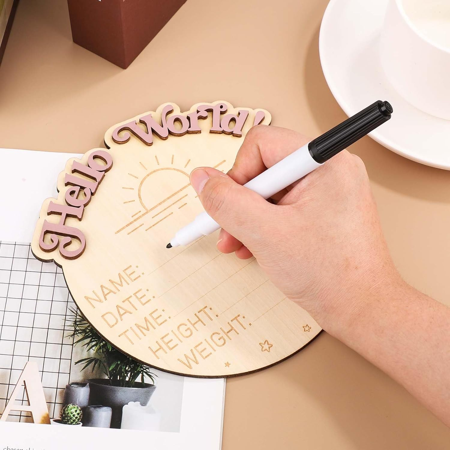 Baby Announcement Sign, I'M New Here Wooden Baby Announcement Sign Hello World Newborn Sign Name Plaques Photography Props Card Welcome Baby Keepsakes Birth Record Decoration(Sun) image number 4