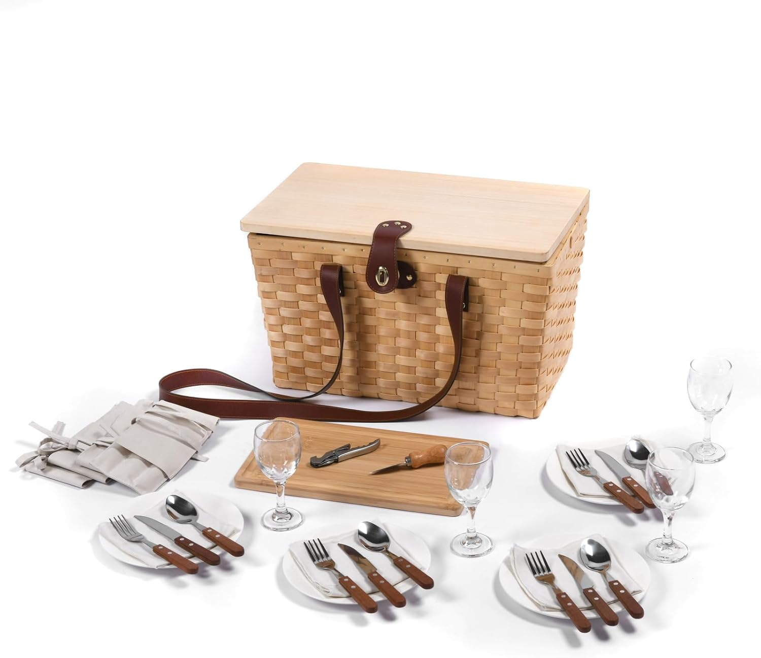 Vibes Barossa 4 Person Natural Wicker Picnic Basket Set Peach Lining Willow Wood with Carry Straps Outdoor Travel Camping Hamper Set Included, Cutlery, Plates, Wine Glass, Corkscrew, Cheese Board