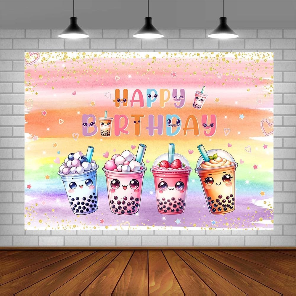 AIBIIN 7X5Ft Millk Tea Birthday Backdrop Kawaii Bubble Par-Tea Party Photography Background Colorful Rainbow Pearl Milk Tea for Boys Girls Birthday Party Decor Banner Photo Props image number 2