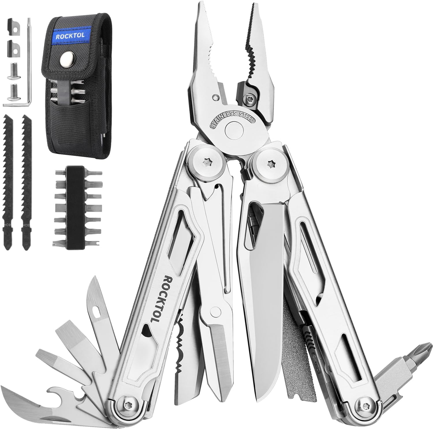 ROCKTOL Multitool 29 in 1 Multi Tool Pliers with Interchangeable Wire Cutters and Saw, Heavy Duty Stainless Steel Multitool Set and Nylon Sheath for Camping Survival Gifts for Men image number 3