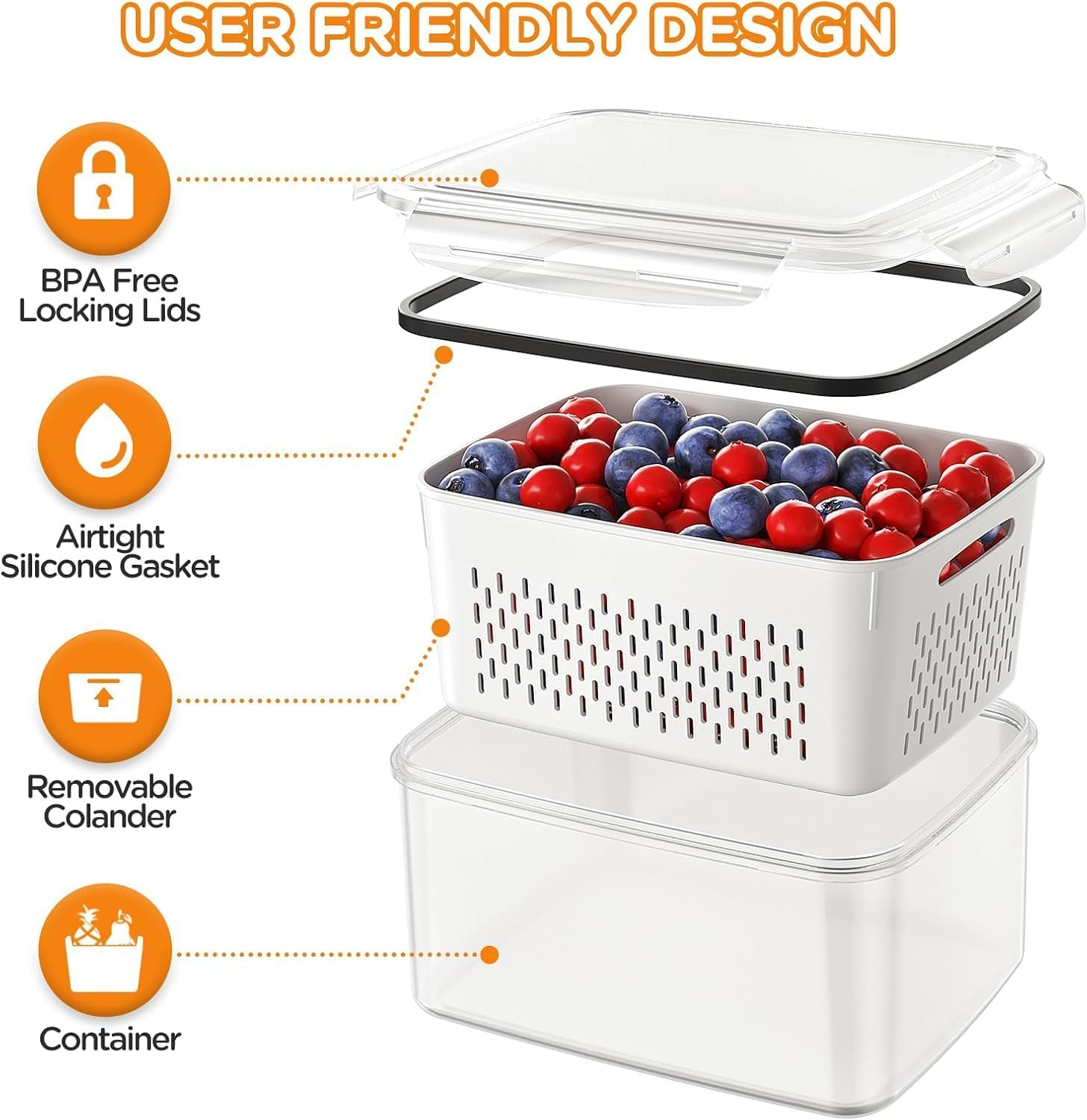 OKAM Fruit Storage Containers for Fridge Set of 5 - Air-Tight, Bpa-Free, Includes Colanders & Lids, Microwave/Refrigerator/Freezer Safe -Ideal Strainer Container for Veg, Produce, Fruit, Berry Storage image number 3