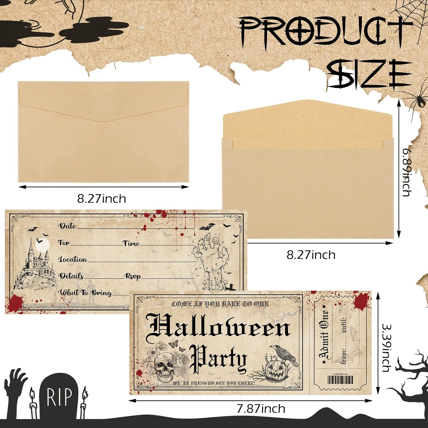 60 Pcs Halloween Party Invitations with Envelopes Ticket Scary Halloween Party Invitations Halloween Baby Shower Invitations Horror Birthday Invitations Party Invitation Cards (Pumpkin Style) image number 5