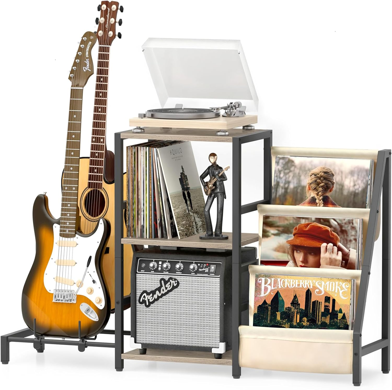 Vinyl Record Storage, Record Player Stand, Guitar Stand for Acoustic, Electric Guitar, Acoustic, Bass with Guitar Amp Stand, 3-Tier Vinyl Record Storage, Record Player Table for Record Player, Speaker, Amplifier