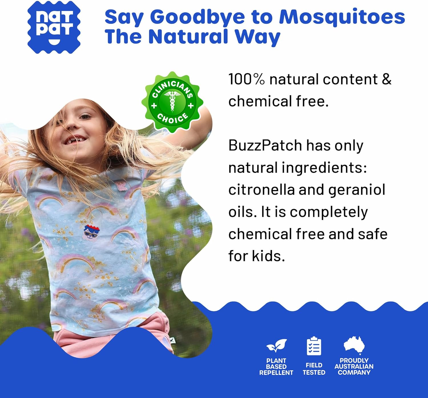 NATPAT Buzz Patch Mosquito Patch Stickers for Kids - Plant Based Ingredients, Non-Toxic - the Original All Natural Citronella Essential Oil Insect Patch, DEET Free, for Toddlers, Kids (60 Pack) image number 5