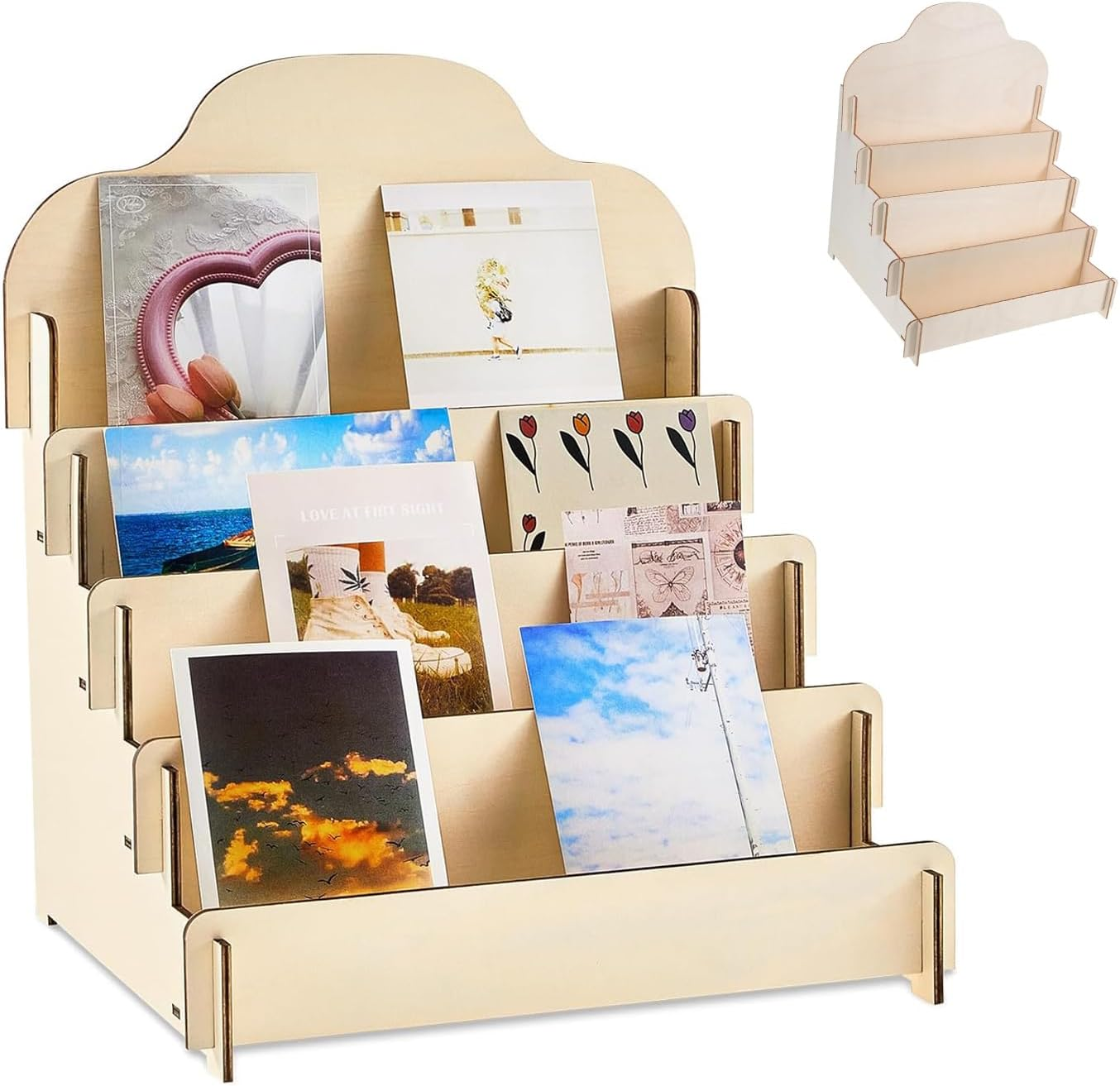 IONPSHG 1Pcs Greeting Card Display Stands 4Tier Durable Wooden Stickers Display Risers Multipurpose Portable Blank Retail Display Shelves Card Display Rack for Greeting Card Photos Postcard Literature (1) image number 5