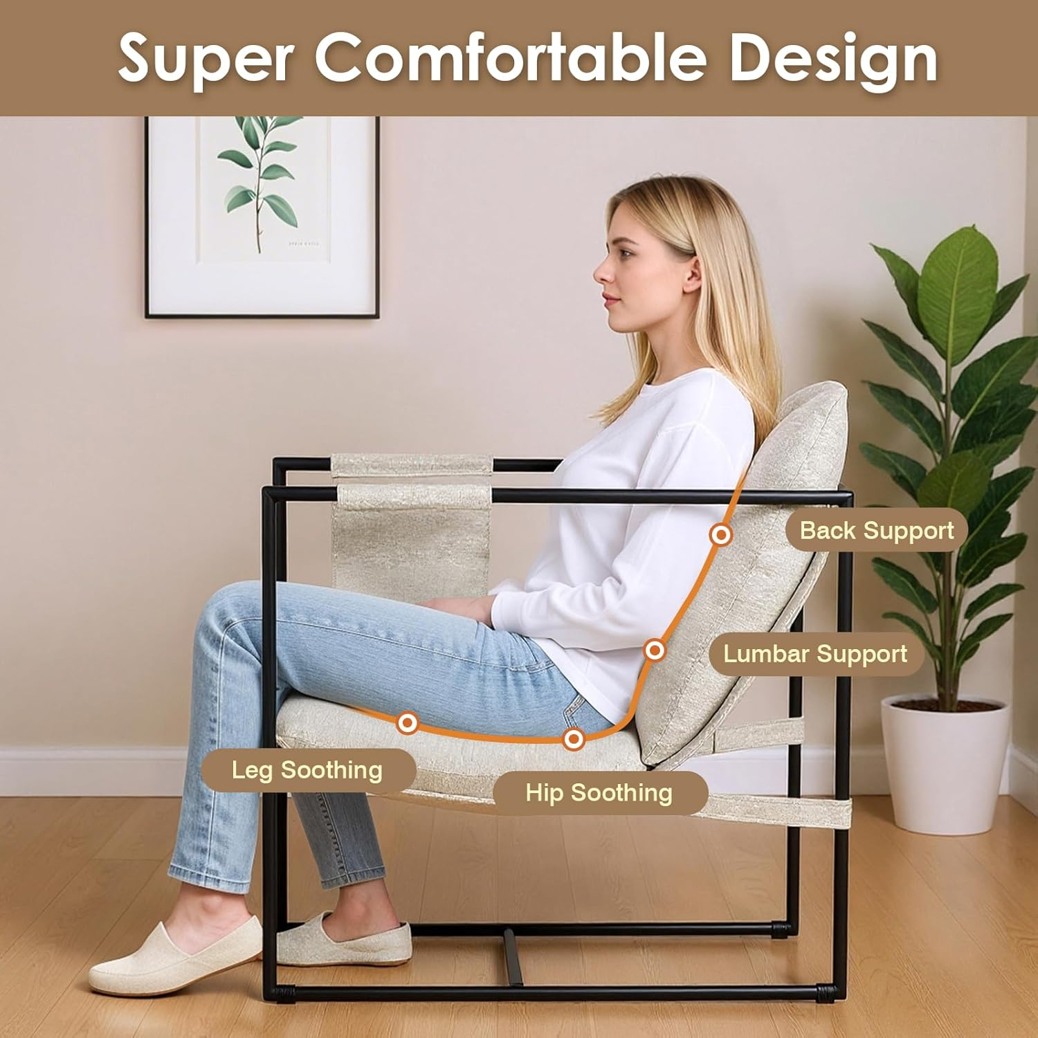 Advwin Sling Accent Chair, Linen Lounge Chair Armchair with 2 Upholstered Cushions, Modern Comfy Living Room Chair with Metal Frame and Side Pocket Beige