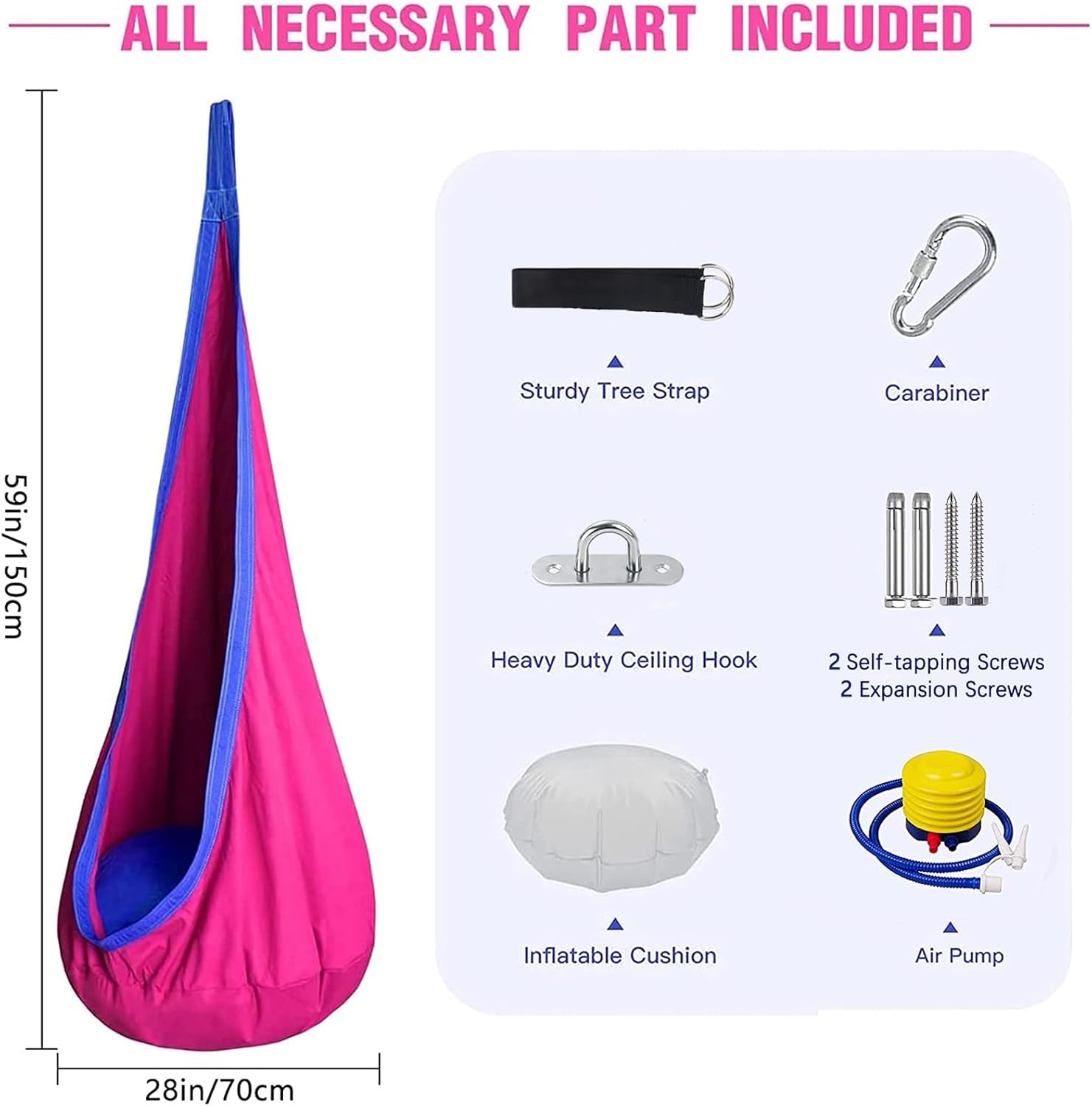 Visuivit Kids Pod Swing Seat, Cotton Child Chair with Inflatable Pillow, Sensory Swing Chair with Pocket for Outdoor and Indoor, Max 170Lbs/77Kg (Red)