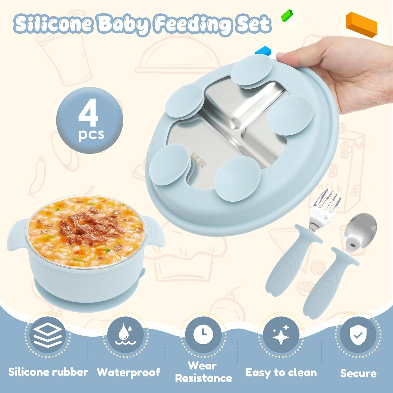 4 Pcs Stainless Steel Kids Plates Set Includes Plate Bowl Fork and Spoon, Creative Divided Food Tray, Dishwasher Safe Baby Feeding Set for Home Picnic Outdoor Activity (Light Blue) image number 2