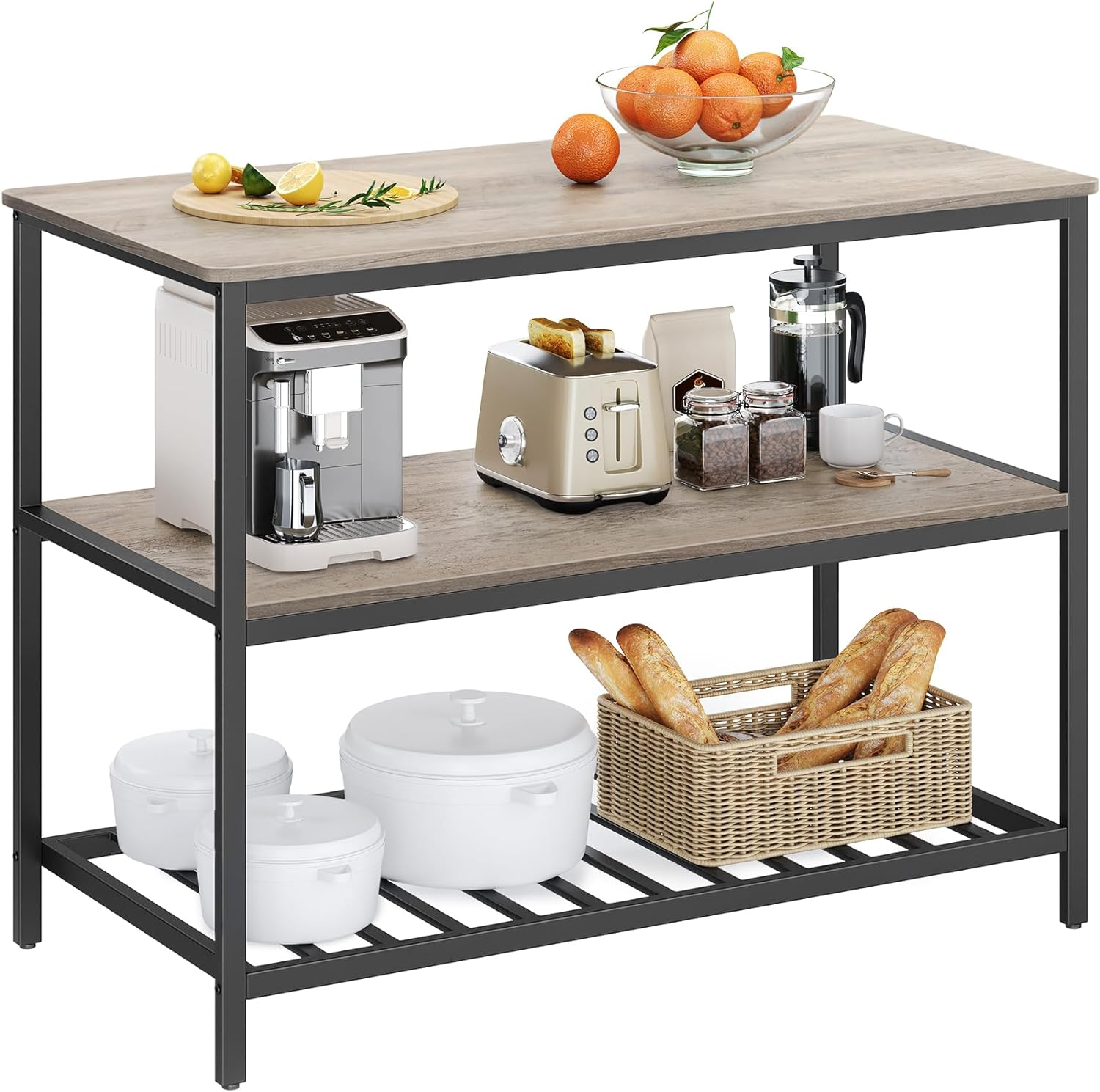VASAGLE Kitchen Island with 3 Shelves, 47.2 Inches Kitchen Shelf with Large Worktop, Stable Steel Structure, Industrial, Easy to Assemble, Greige and Black UKKI001B02 image number 2