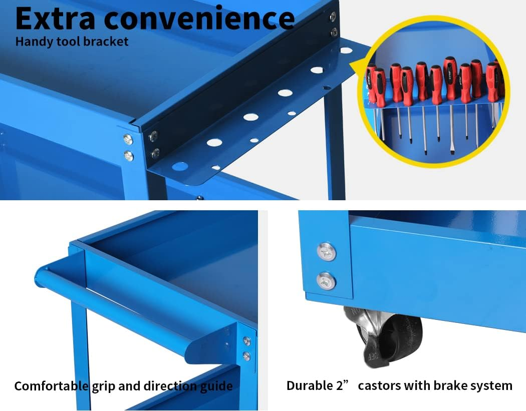 Traderight Tool Cart Trolley 3-Tier Toolbox Workshop Garage Storage Organiser with Wheels, Steel Utility Rolling Cabinet for Mechanics, 150 Kg Load Capacity, Lockable Drawers, Blue image number 6