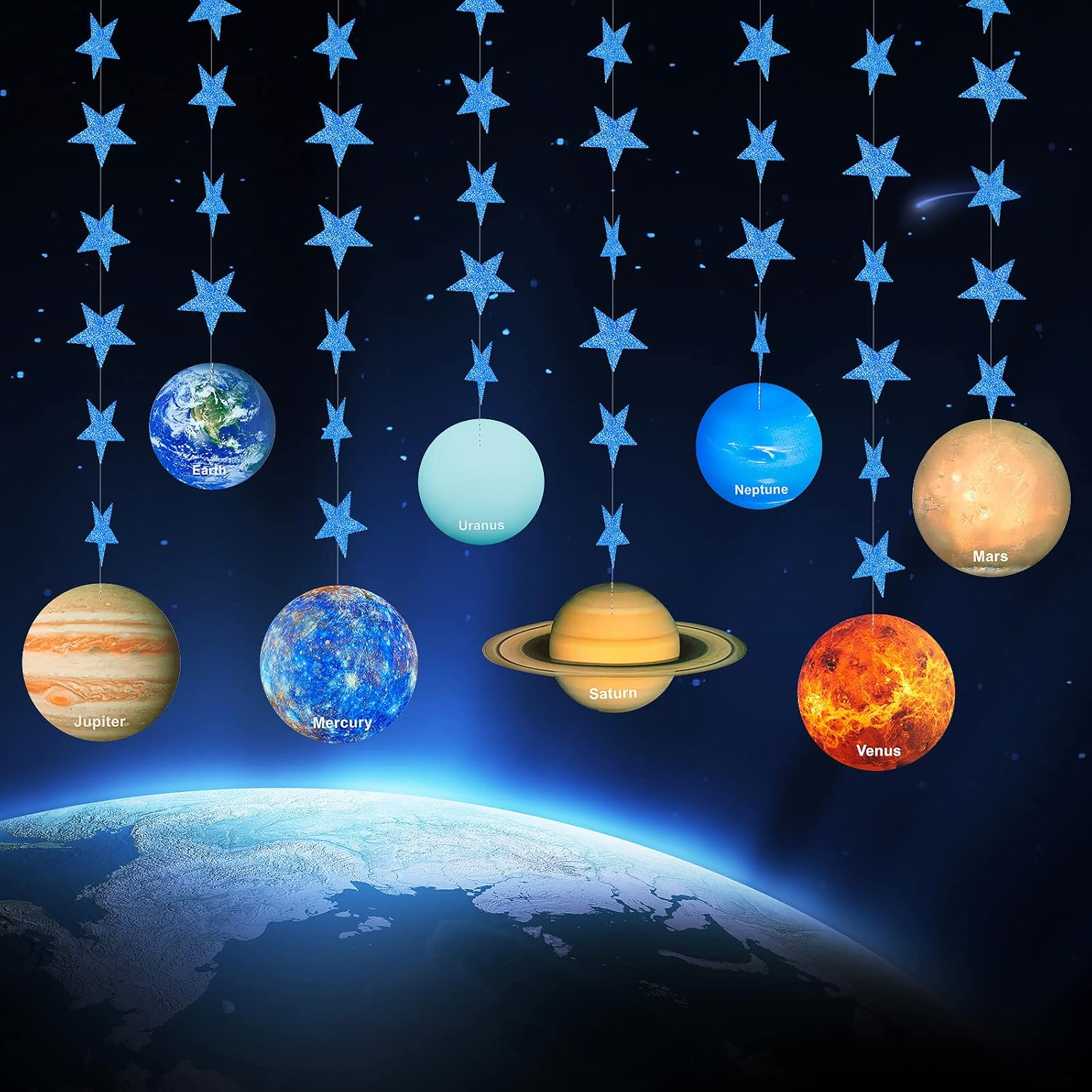 Galaxy Solar System Hanging Paper Garland, Astronauts Rockets Stars Hanging Decoration, Blast off to Outer Space Banner for Kids Bedroom Birthday Party Decor Supplies