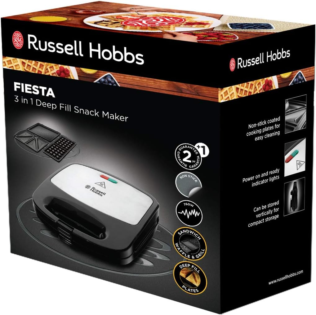 Russell Hobbs Fiesta 24540-56 Multifunctional 3-In-1 Sandwich Maker, Waffle Iron, Contact Grill, Dishwasher Safe & Non-Stick Plates, Expandable: Cake Pop, Mini Doughnut, Churros