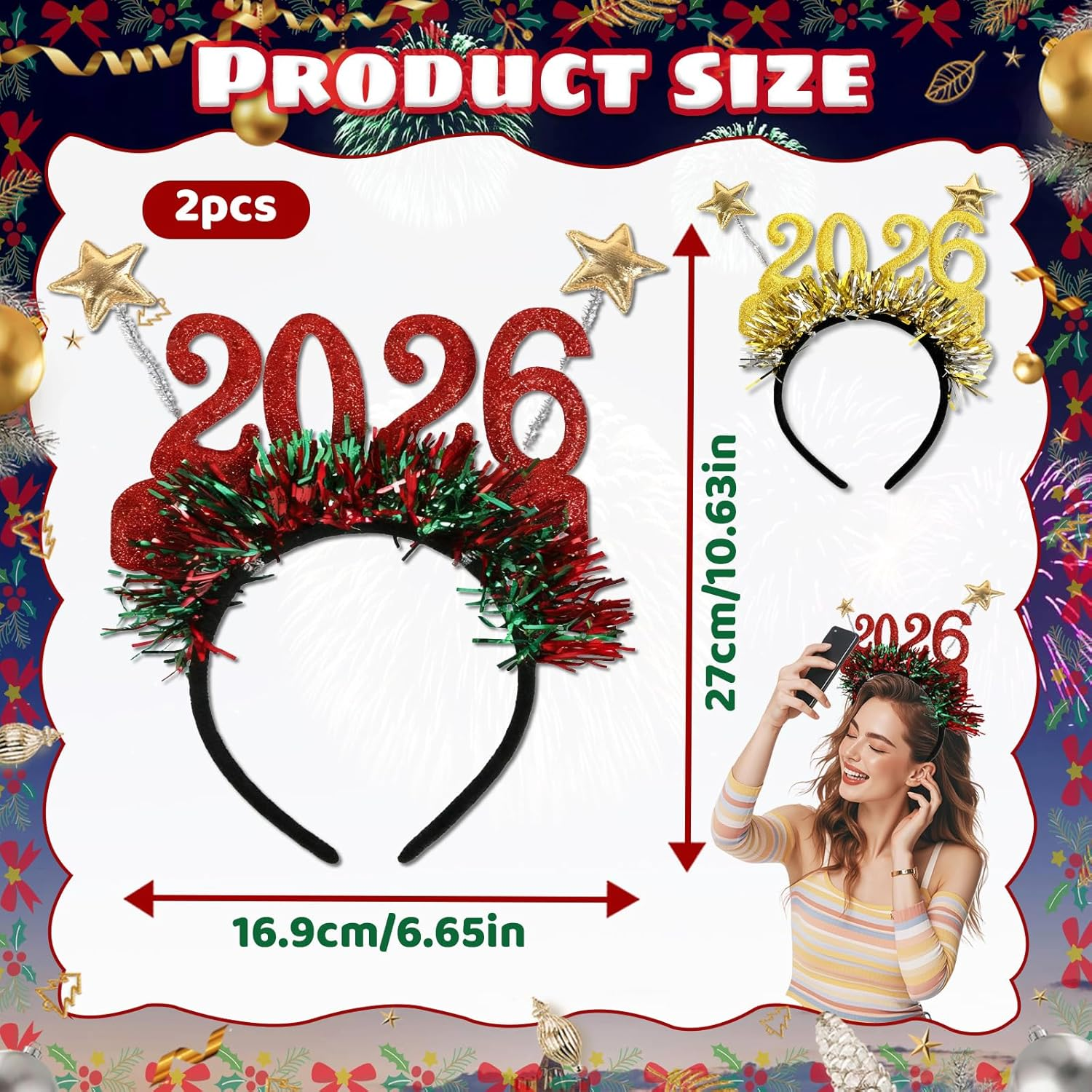 Oneroomone Pack of 2 Headband Christmas Photo Props 2026, 2026 Happy New Year Headband - 2 Pieces Festive Colour Stripes Headdress 2026 - Christmas Accessories Decorations (Gold/Red) image number 3