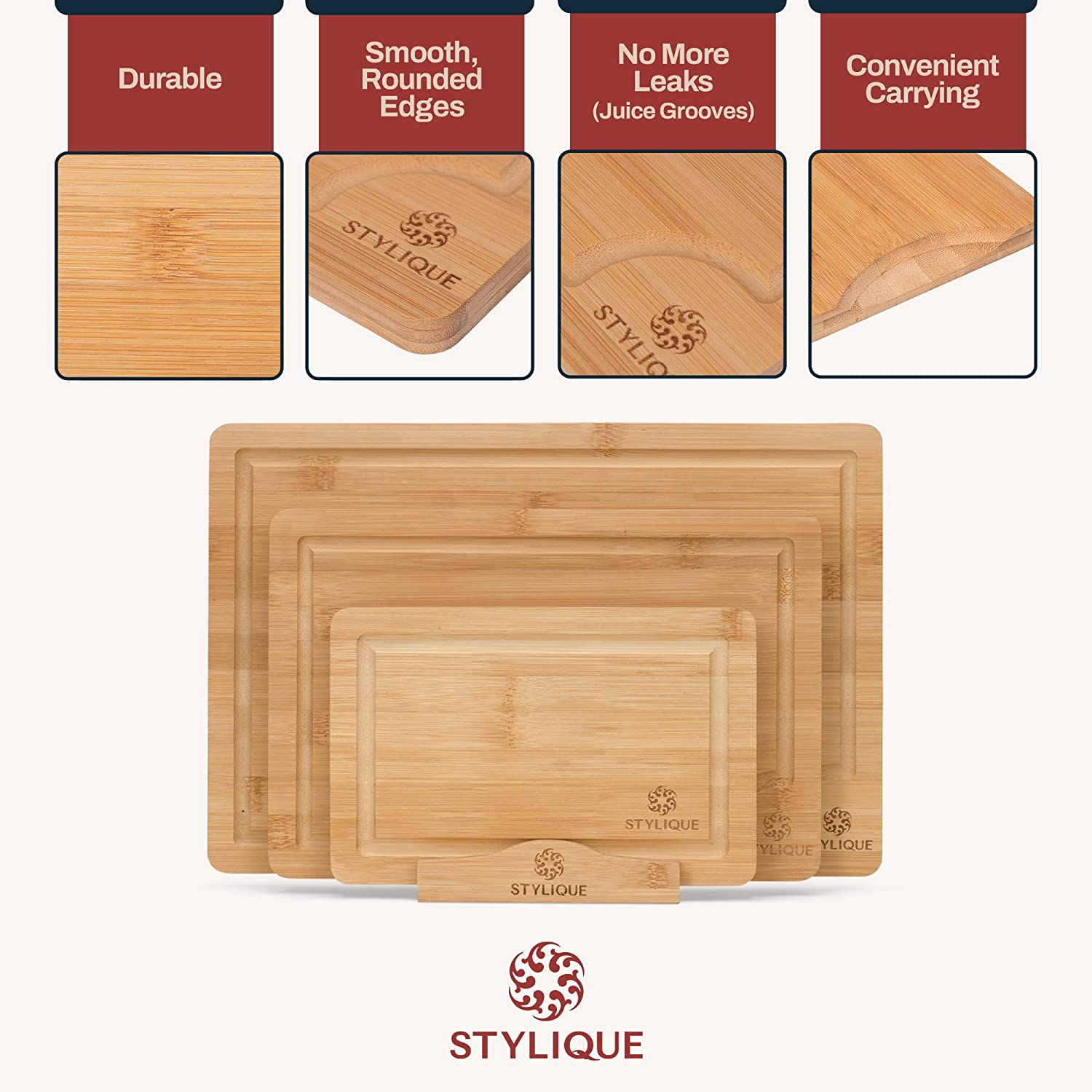 STYLIQUE Wooden Chopping Board Set of 3 with Cutting Board Organiser, Meal Prep Wooden Cutting Boards, Large Chopping Board and Serving Tray, Cheese Board, Kitchen Tools Gadgets, Bamboo Chopping Board image number 5