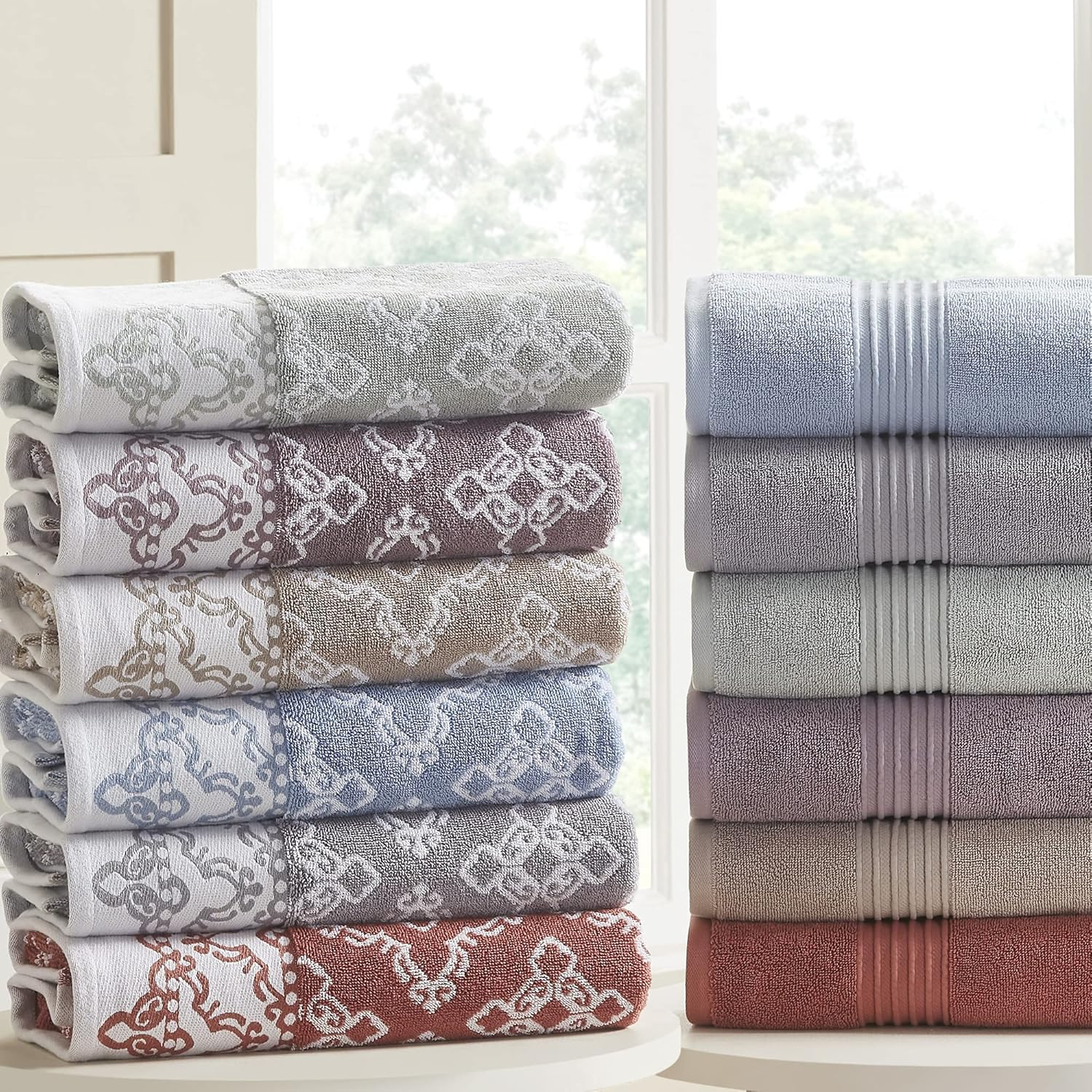 Modern Threads 6 Piece Set, 2 Bath Towels, 2 Hand Towels, 2 Washcloths Yarn Dyed Jacquard/Solid Towel Set Charlize Stone - Dark Sage image number 1