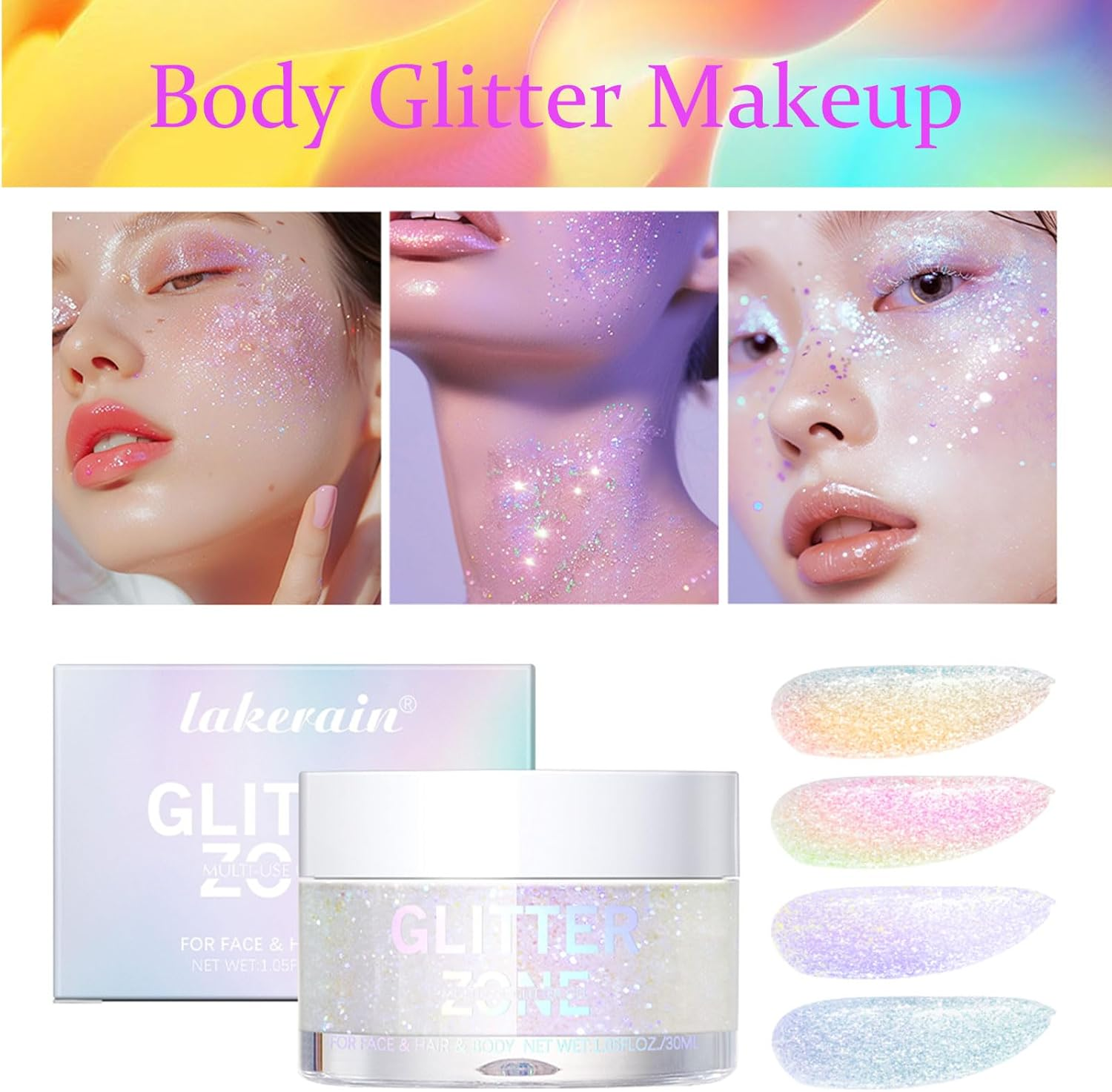 Face Glitter Body Glitter Makeup Glitter Hair Glitter Gel, 4 Colors Face and Body Glitter Gel, Long Lastings Makeup Glitter Gel for Women, Glitter for Concert Festival Makeup