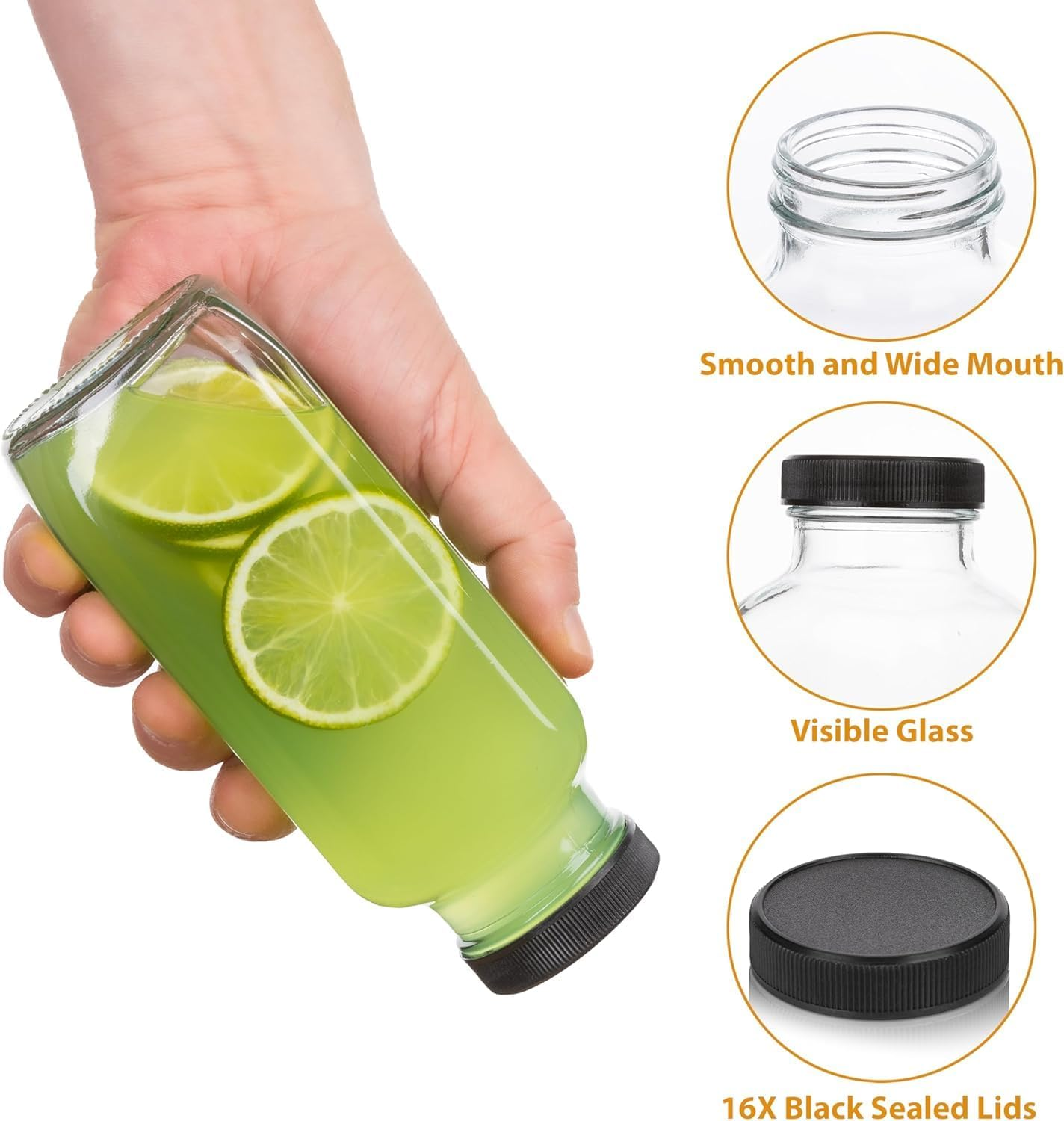 Juice Bottles, Glass Bottles with Lids, Reusable Glass Drink Bottles, Clear Jars with Caps, for Milk, Juicing, Kombucha, Ginger, Beverage Glassware, Drinking Jars, 16 Oz 6 PCS image number 5